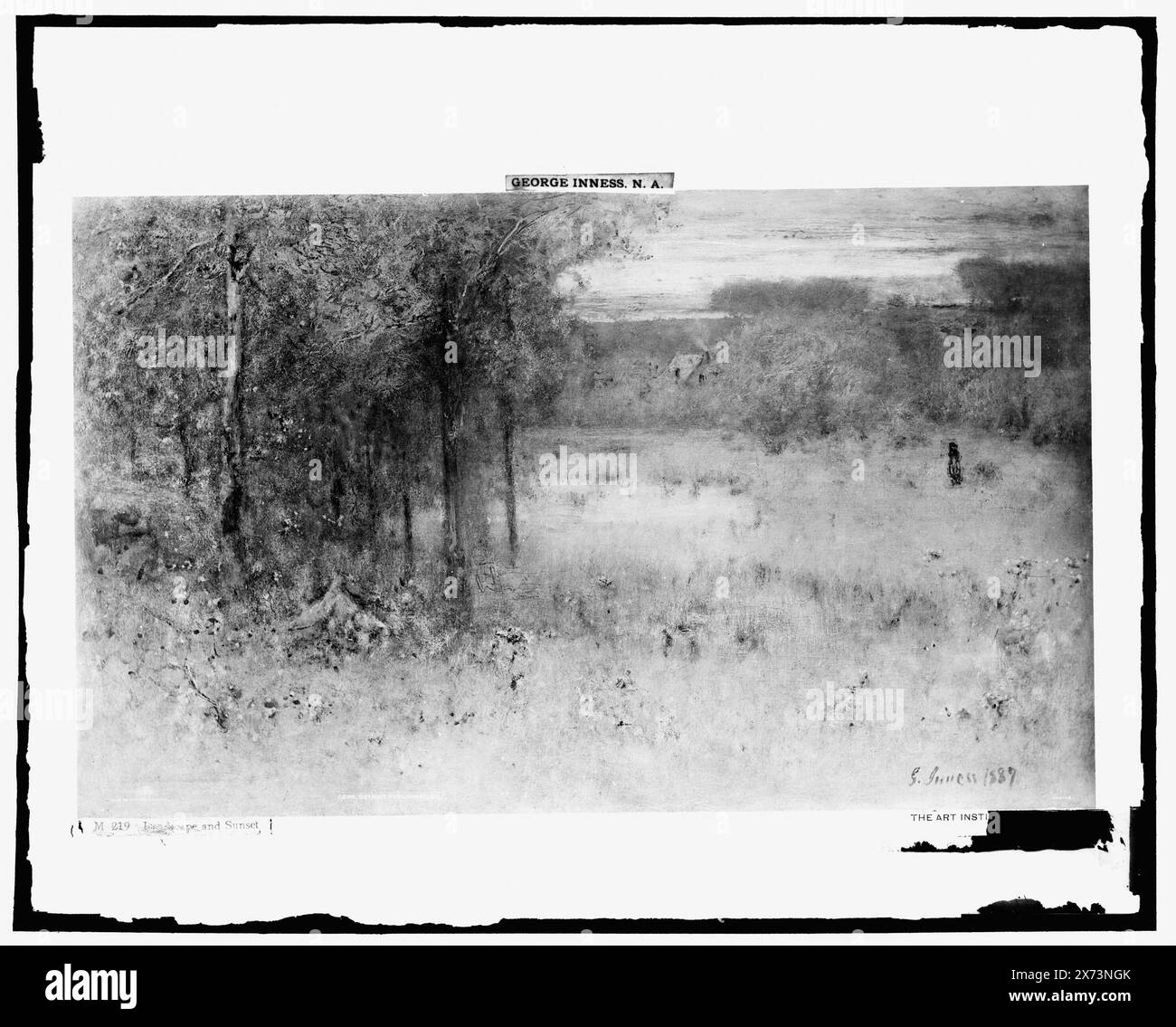 Landscape and Sunset, Date based on Detroit, Thistle Publications (1912)., Photograph of painting signed 'G. Inness, 1887,' at the Art Institute of Chicago., Detroit Publishing Co. N. M219., Gift; State Historical Society of Colorado; 1949, albe e tramonti. Foto Stock