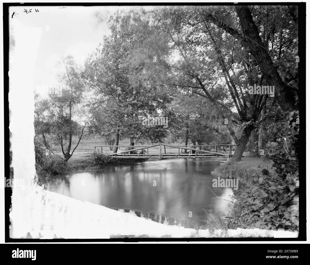Rustic bridge in Park, Ann Arbor, Mich., Title from jacket., 'H 54' on negative., Detroit Publishing Co. N. 036247., Gift; State Historical Society of Colorado; 1949, Parks. , Ponti pedonali. , Fiumi. , Stati Uniti, Michigan, Ann Arbor. Foto Stock