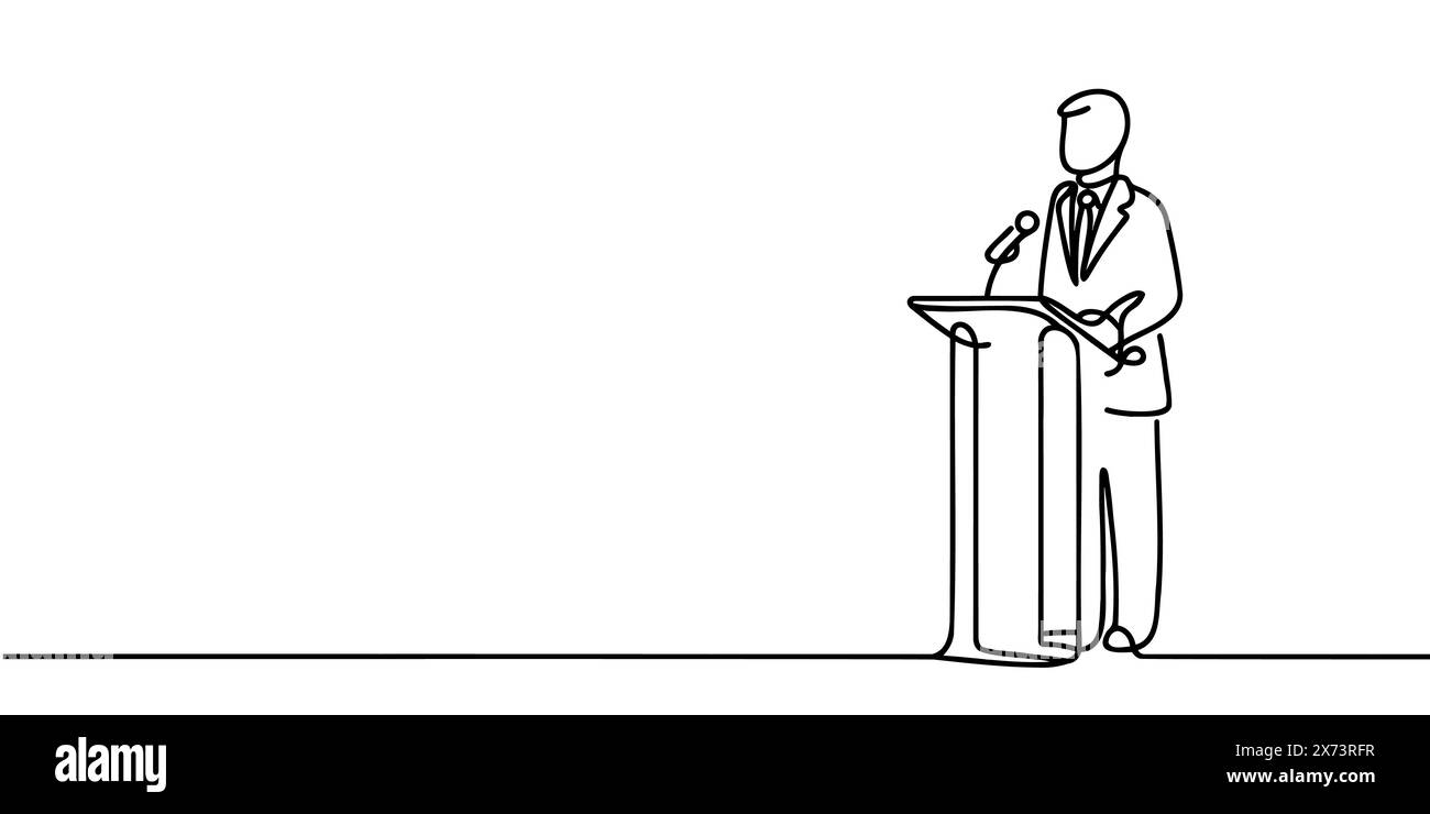 Un uomo in tuta dietro il podio, una linea continua di discorsi sul podio Illustrazione Vettoriale