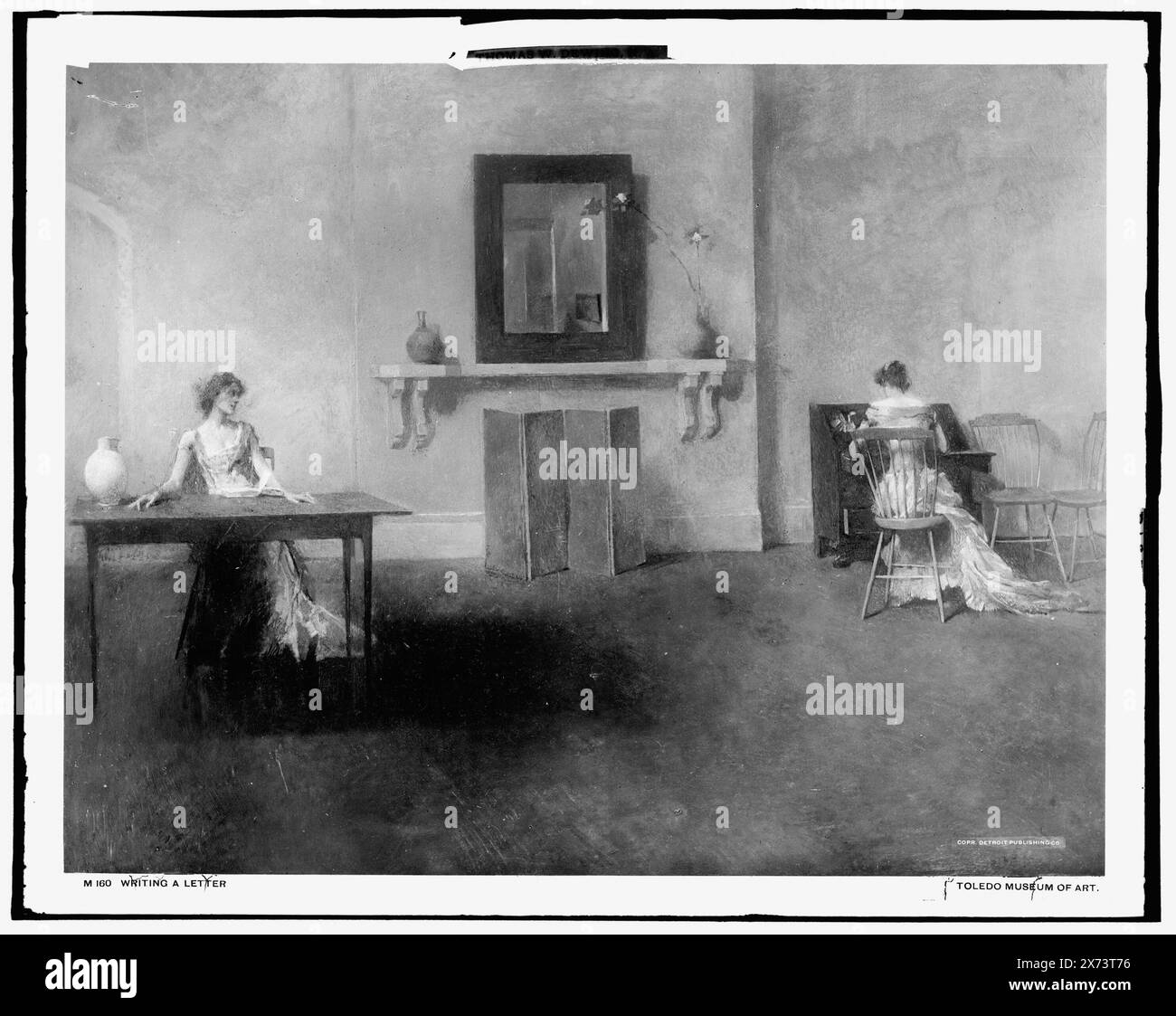 Writing a Letter, Date based on Detroit, Thistle Publications (1912)., Photograph of a painting at Toledo Museum of Art., Detroit Publishing Co. N. M 160., Gift; State Historical Society of Colorado; 1949, Women. , Interni. , Scrivendo. Foto Stock