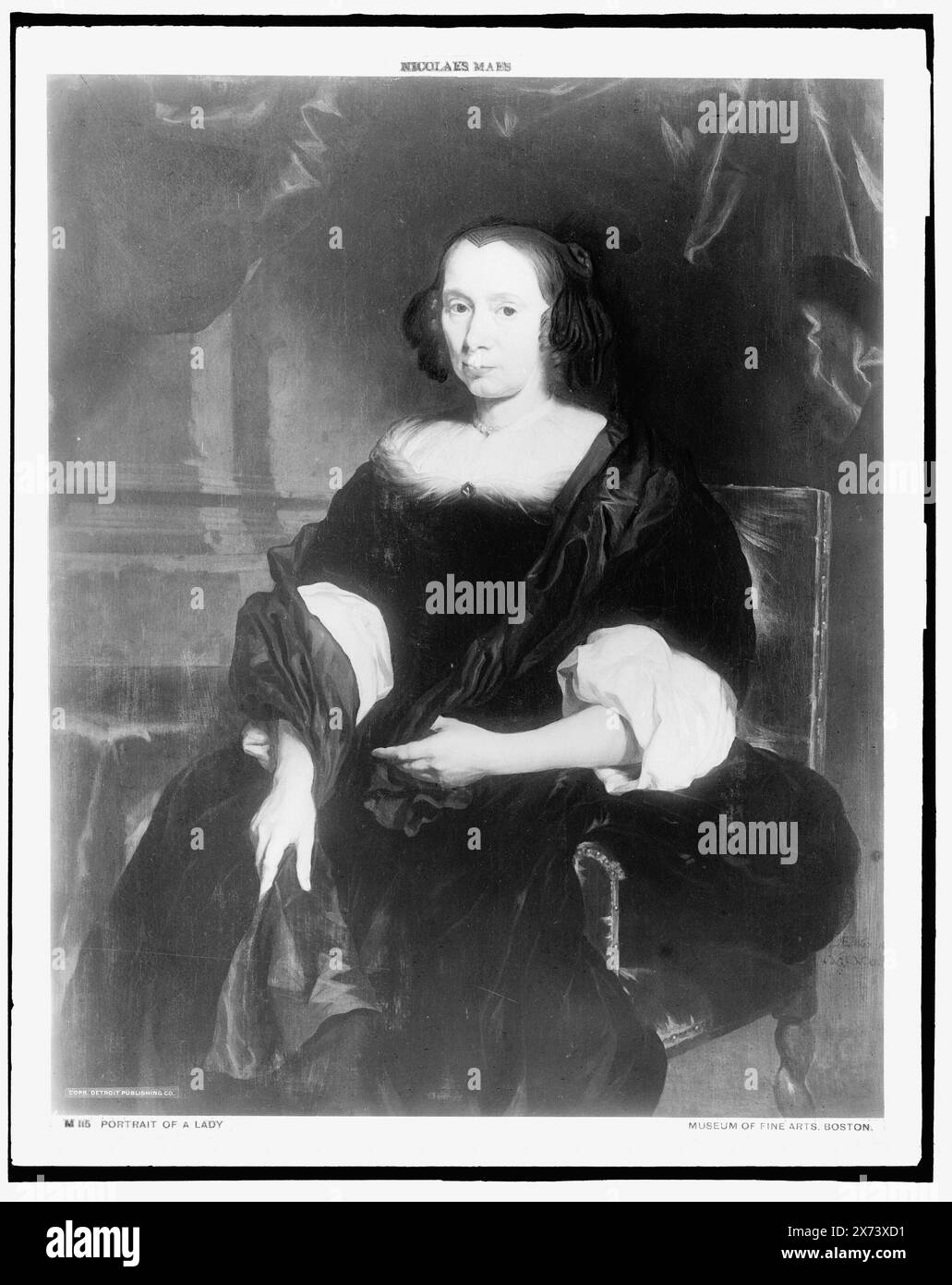 Donna seduta in sedia, ritratto di tre quarti di lunghezza, titolo ideato da catalogatore; didascalia sul negativo: Ritratto di una signora., Data basato su Detroit, Thistle Publications (1912)., Fotografia di un dipinto firmato 'N. Maes' al Museum of fine Arts, Boston., Detroit Publishing Co. N. M 115., Gift; State Historical Society of Colorado; 1949, Women. Foto Stock