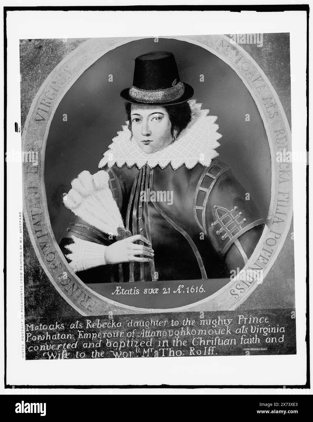 Ritratto di Pocahontas, da dipinto di WM. Sheppard, fotografia di un dipinto nel Campidoglio degli Stati Uniti, copiato dall'originale di William Sheppard, datato 1616, a Barton Rectory, Norfolk, Inghilterra. Detroit Publishing Co. n. M 18753., Gift; State Historical Society of Colorado; 1949, Pocahontas, d. 1617. , Indiani del Nord America. Foto Stock