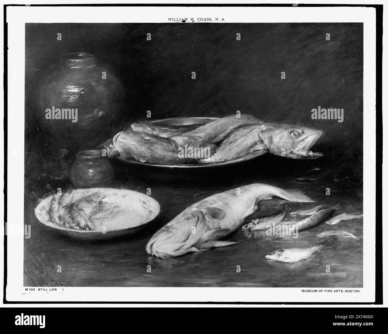 STILL Life, Date based on Detroit, Thistle Publications (1912)., Photograph of a painting signed 'W.M. Chase' in Museum of fine Arts, Boston., Detroit Publishing Co. N. M 103., Gift; State Historical Society of Colorado; 1949, Fish. Foto Stock