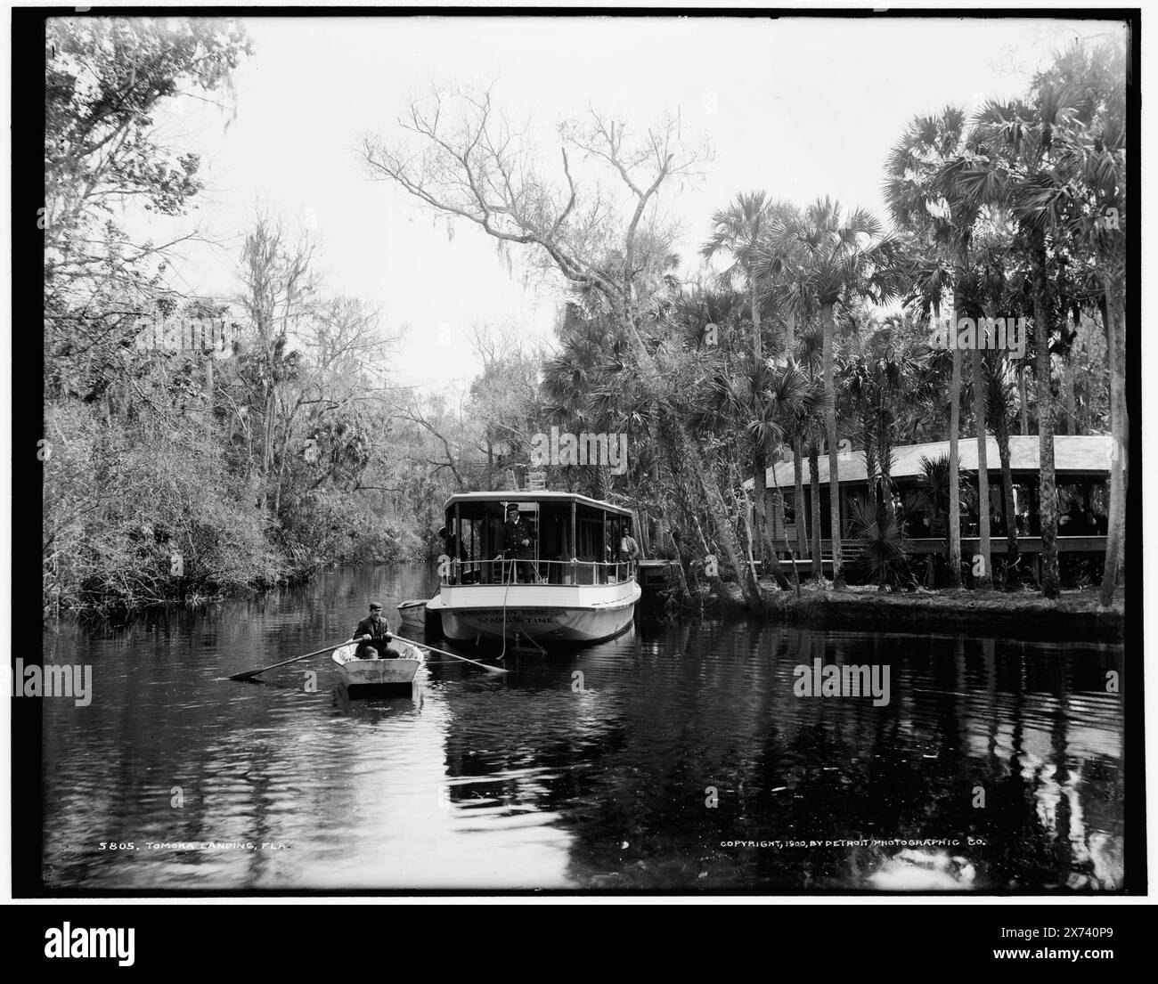 Tomoka Landing, Flag., Detroit Publishing Co. N. 05805., Gift; State Historical Society of Colorado; 1949, moli e moli. , Barche. , Fiumi. , Stati Uniti, Florida, fiume Tomoka. Foto Stock