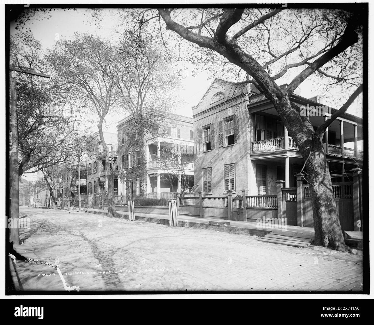 Residence su Hasell Street, Charleston, S.C., 'WHJ-124-02' su negativo., emulsione graffiata, in basso a sinistra, Detroit Publishing Co. n. 014274., Gift; State Historical Society of Colorado; 1949, Dwellings. , Strade acciottolate. , Strade. , Stati Uniti, Carolina del Sud, Charleston. Foto Stock