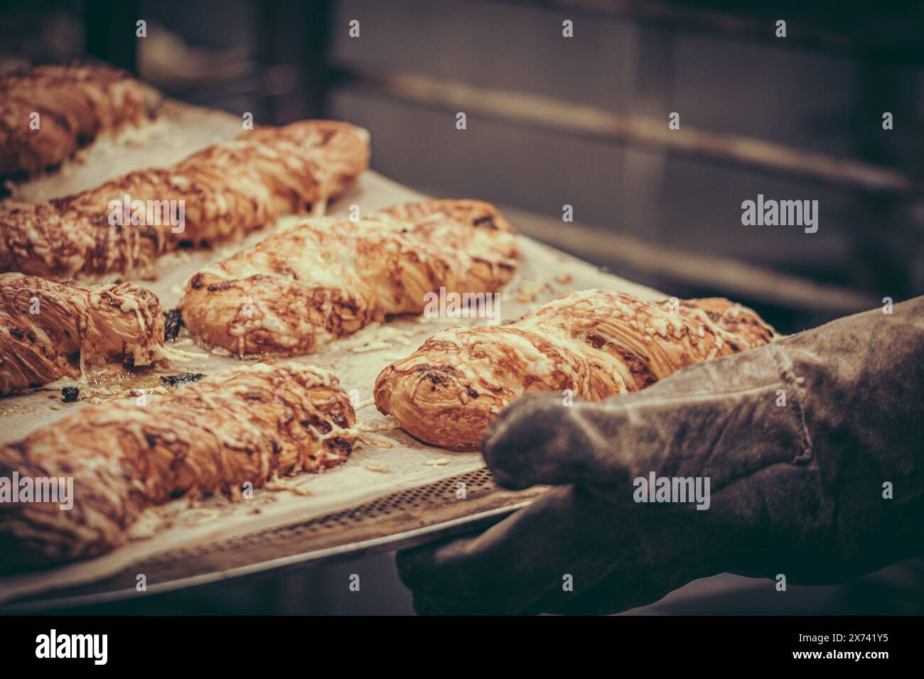 panettiera professionale con vassoio da forno con croissant al formaggio appena sfornati, stile vintage con cereali Foto Stock