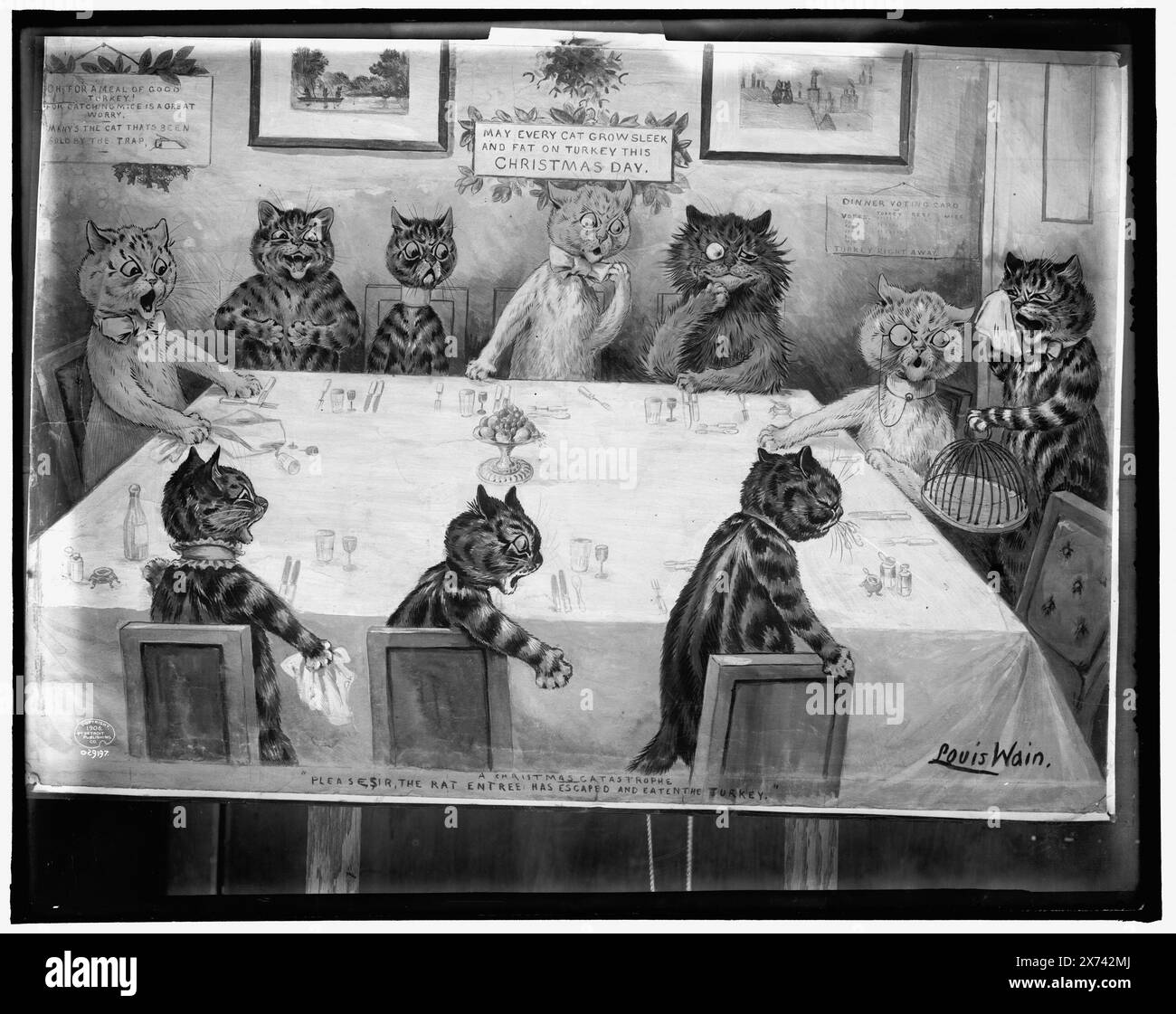 Una catastrofe natalizia : per favore, signore, l'antipasto in affitto è scappato e ha mangiato il tacchino, fotografia del disegno firmato "Louis Wain.", "che ogni gatto cresca snella e grasso sul tacchino questo giorno di Natale" sul cartello sopra il gatto in piedi vicino al centro del tavolo., Detroit Publishing Co. N. 029197., Gift; State Historical Society of Colorado; 1949, Cats. , Animali in situazioni umane. , Mangiare e bere. Foto Stock