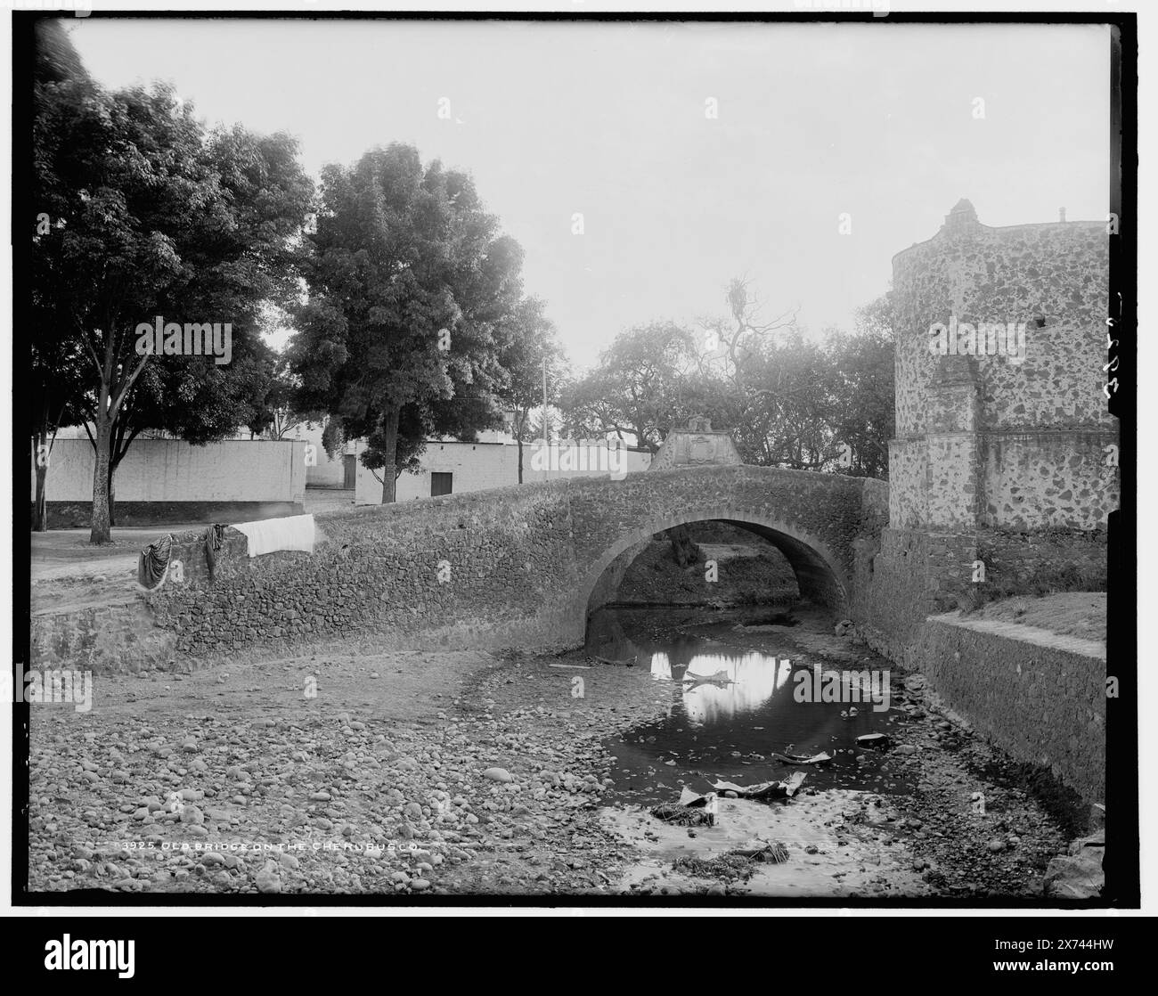Vecchio ponte sul Cherubusco, cioè sul fiume Churubusco, 'W.H.J. Phot. Co.' su negative., Detroit Publishing Co. No 03925., Gift; State Historical Society of Colorado; 1949., informazioni non verificate in questo record. campo 752. Località nella regione di Guadalajara, Ponti. , Fiumi. , Messico, fiume Churubusco. Foto Stock