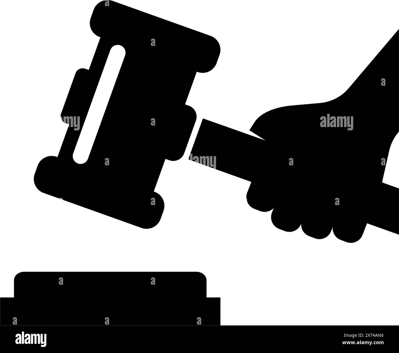 Una semplice icona grafica in bianco e nero che raffigura la silhouette del martelletto di un giudice e un podio o piedistallo, che rappresenta l'autorità legale, procedere del tribunale Illustrazione Vettoriale