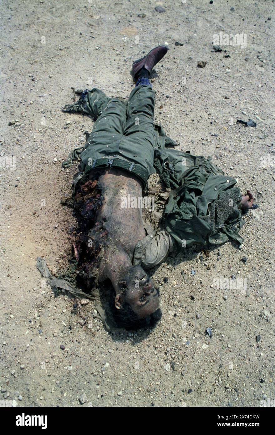 Prima guerra del Golfo: 4 marzo 1991 il corpo smembrato di un soldato iracheno si trova nel deserto. Era membro dell'equipaggio di un sistema a razzo multiplo Avibrás ASTROS-II SS-30, distrutto dai caccia USAF. Foto Stock