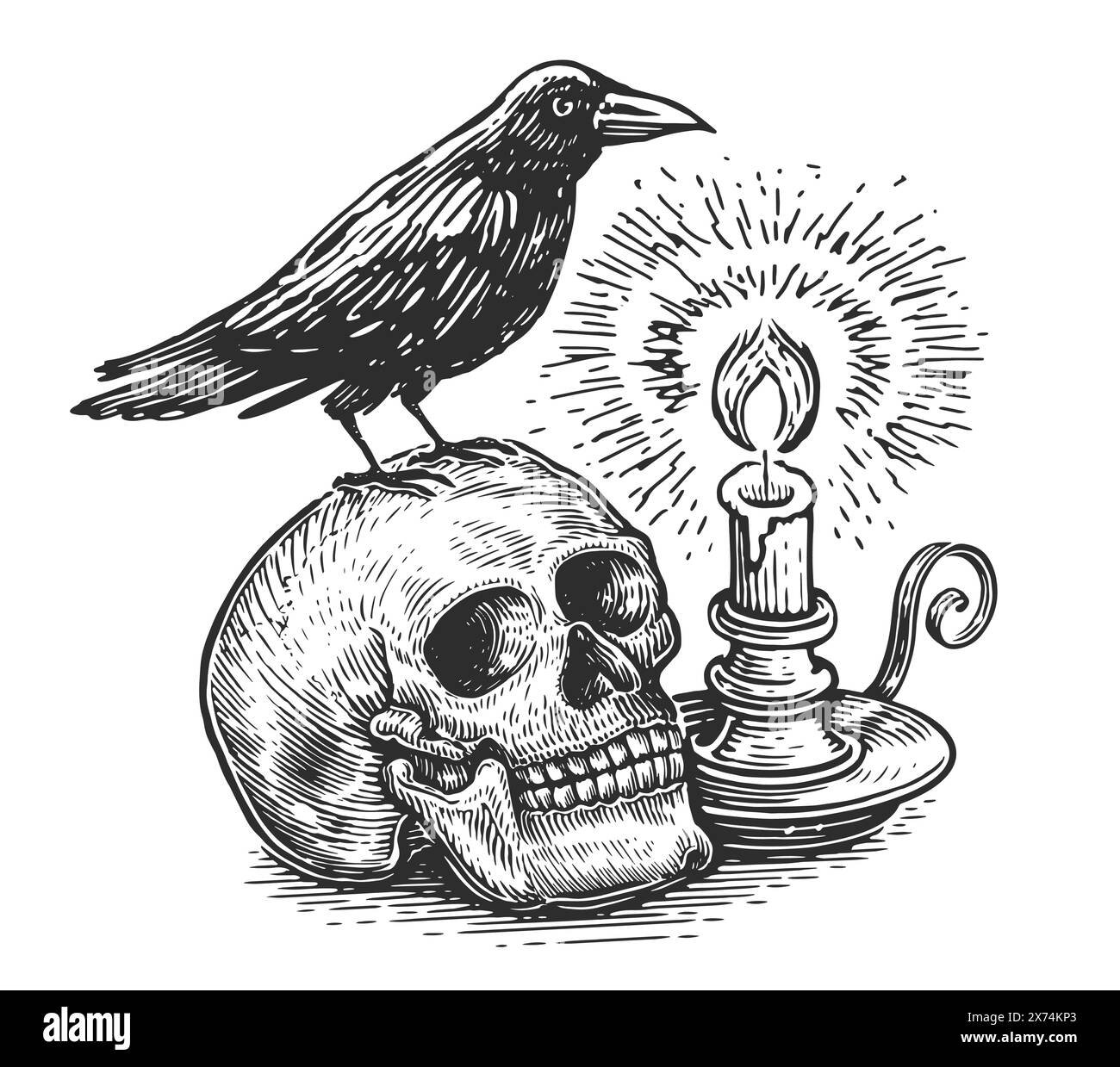 Teschio umano con corvo sulla testa, candela bruciata nel candelabro. Disegno vettoriale di schizzo disegnato a mano Clipart Illustrazione Vettoriale