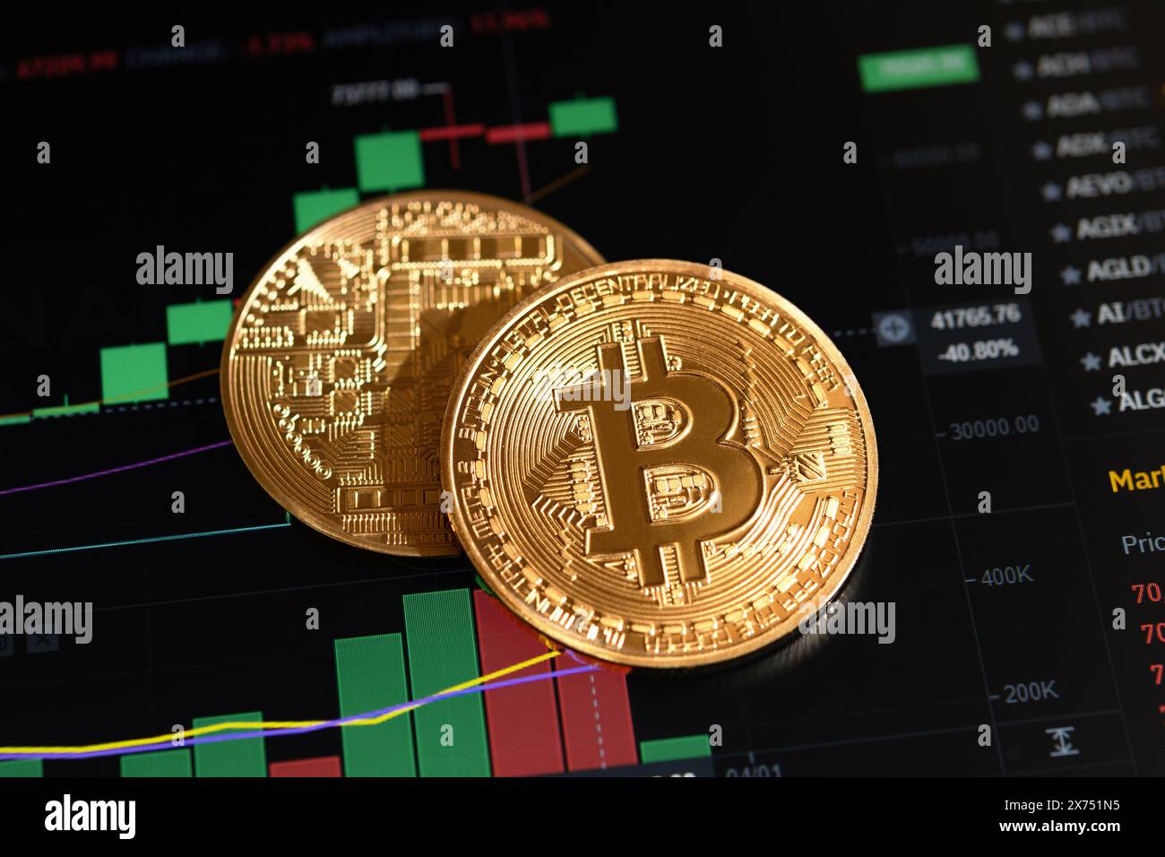 Bitcoin criptovaluta. Investire in risorse virtuali. Piattaforma di investimento con grafico e bitcoin. Foto Stock