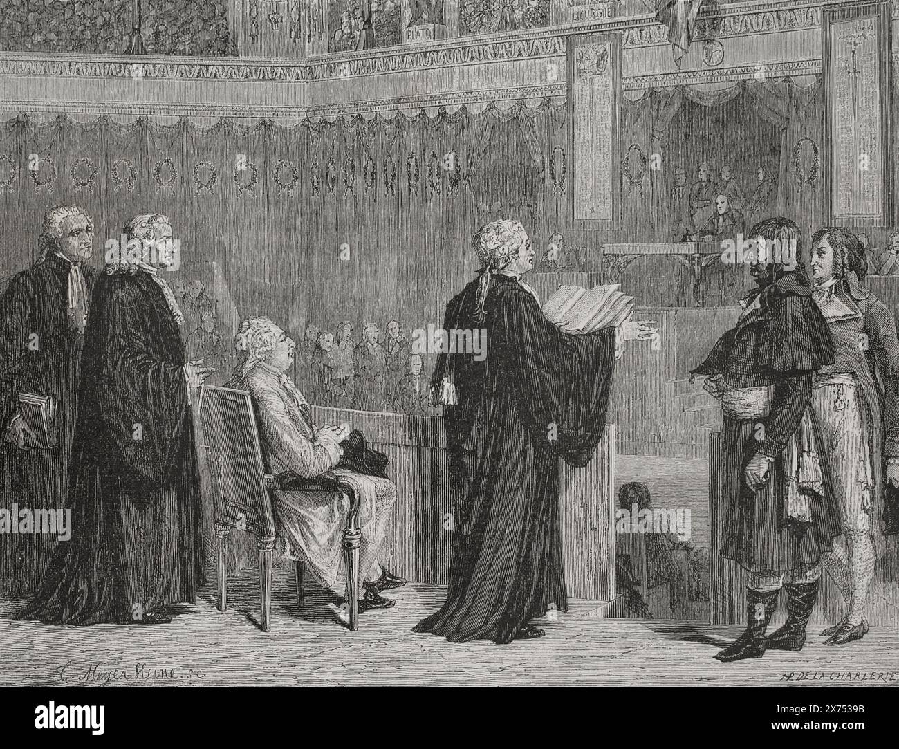 Rivoluzione francese. Sentenza del re Luigi XVI di Francia, dicembre 1792. Luigi XVI appare davanti ai deputati della Convenzione Nazionale, sconsacrato sotto il nome di cittadino Louis Capet. Luigi XVI prima dei suoi giudici. Disegno di Hippolyte de la Charlerie. Incisione di Meyer-Heine. "Storia della Rivoluzione francese". Volume i, 1876. Autore: Théodore Meyer-Heine (fl. 1863-1881). Incisore francese. Hippolyte de la Charlerie (1827-1869). Artista belga. Foto Stock Rivoluzione francese. Sentenza del re Luigi XVI di Francia, dicembre 1792. Luigi XVI appare davanti ai deputati della Convenzione Nazionale, sconsacrato sotto il nome di cittadino Louis Capet. Luigi XVI prima dei suoi giudici. Disegno di Hippolyte de la Charlerie. Incisione di Meyer-Heine. "Storia della Rivoluzione francese". Volume i, 1876. Autore: Théodore Meyer-Heine (fl. 1863-1881). Incisore francese. Hippolyte de la Charlerie (1827-1869). Artista belga. Foto Stock