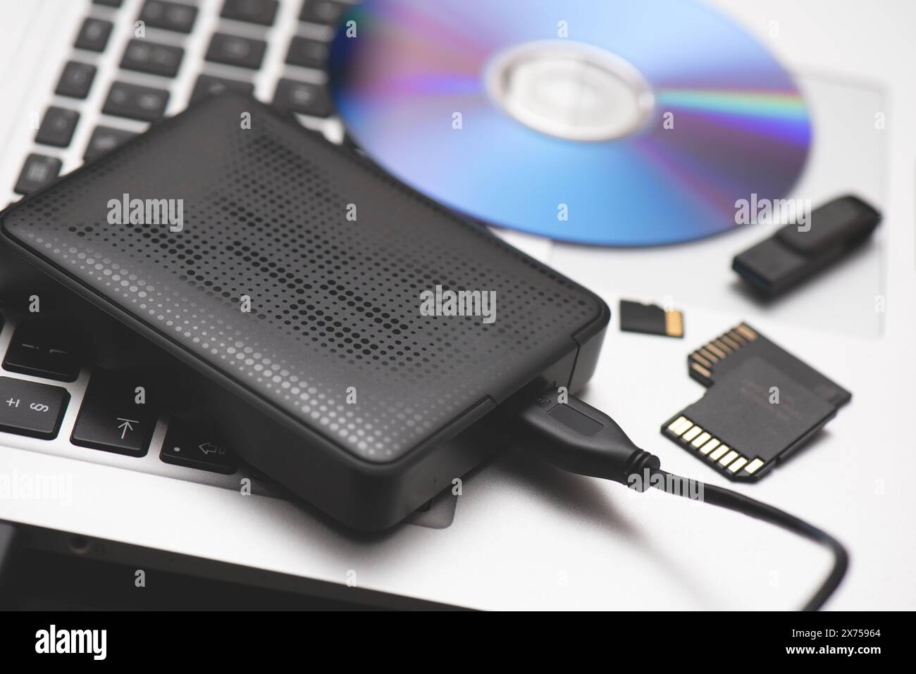 Più dispositivi di storage, pendrive, schede di memoria. Concetto di supporto di archiviazione Foto Stock