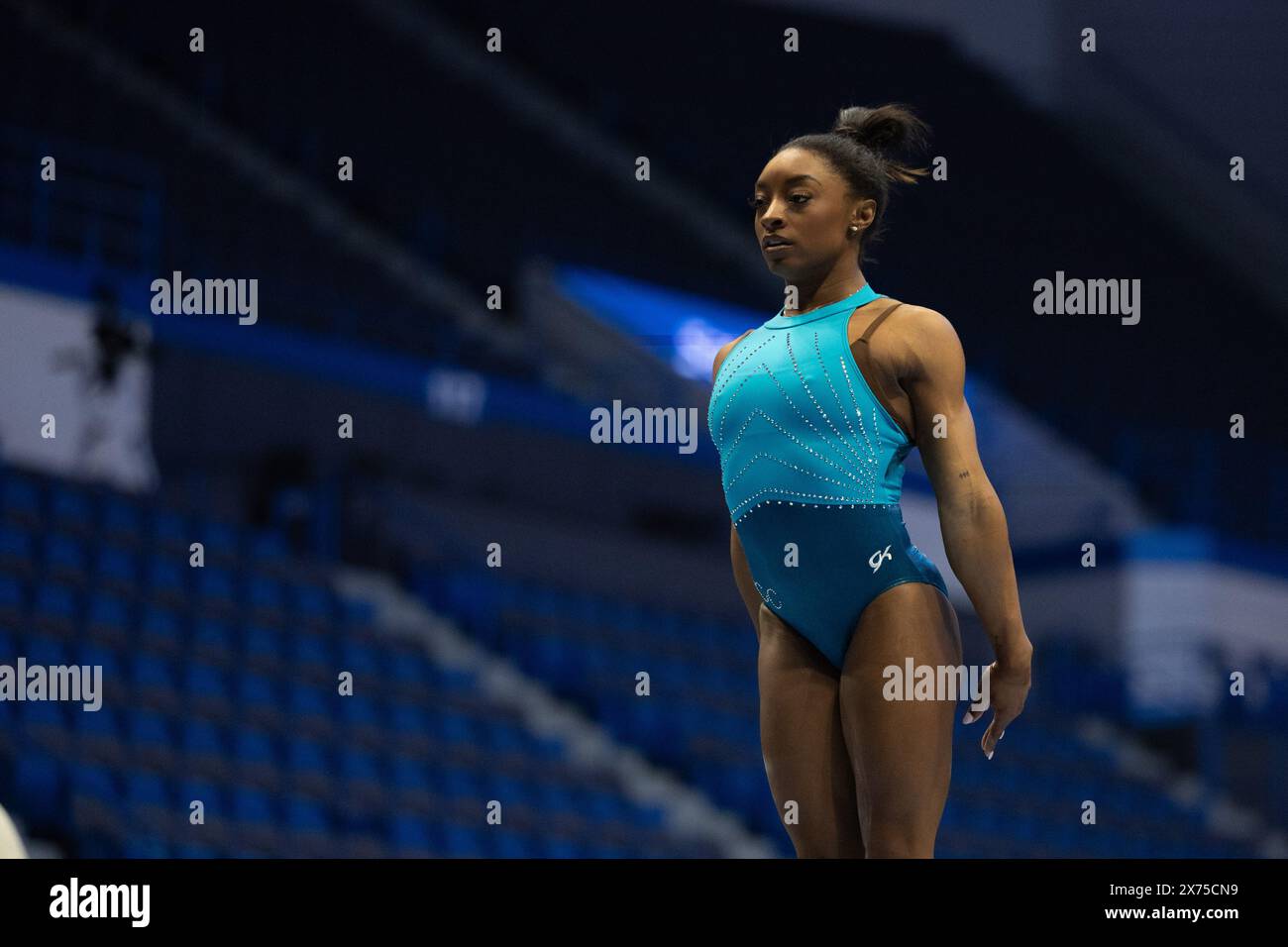 17 maggio 2024: Ginnasta SIMONE BILES durante l'allenamento sul podio per il 2024 Core Hydration Classic. L'evento si terrà presso il XL Center di Hartford, Connecticut. Melissa J. Perenson/CSM (immagine di credito: © Melissa J. Perenson/Cal Sport Media) crediti: Cal Sport Media/Alamy Live News Foto Stock