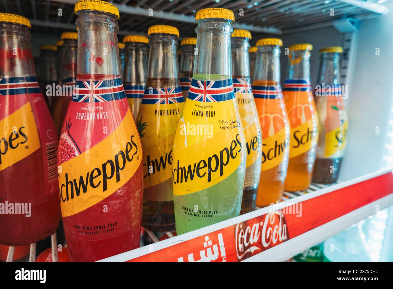 I sapori delle bibite Schweppes in bottiglia in un frigo al Cairo. Il marchio britannico è popolare nel paese, imbottigliato su licenza dalla Coca-Cola Egypt Foto Stock