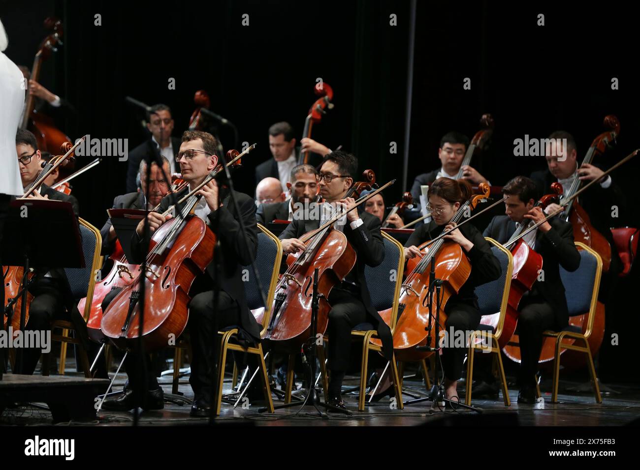 Algeri. 17 maggio 2024. Musicisti della Suzhou Symphony Orchestra e dell'Orchestra Sinfonica dell'Opera di Algeri si esibiscono durante il concerto di apertura del 13° Festival culturale Internazionale di musica Sinfonica ad Algeri, Algeria, il 16 maggio 2024. Con un grande concerto di apertura presentato congiuntamente da un ensemble locale e da una band ospite della città cinese di Suzhou, il 13° Festival culturale Internazionale di musica Sinfonica ha aperto giovedì sera, mostrando una pletora di orchestre sinfoniche e cantanti provenienti da 13 paesi. Crediti: Xinhua/Alamy Live News Foto Stock