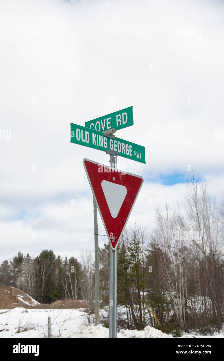 Old King George Highway cartello presso il French Fort Cove Park a Miramichi, New Brunswick, Canada Foto Stock