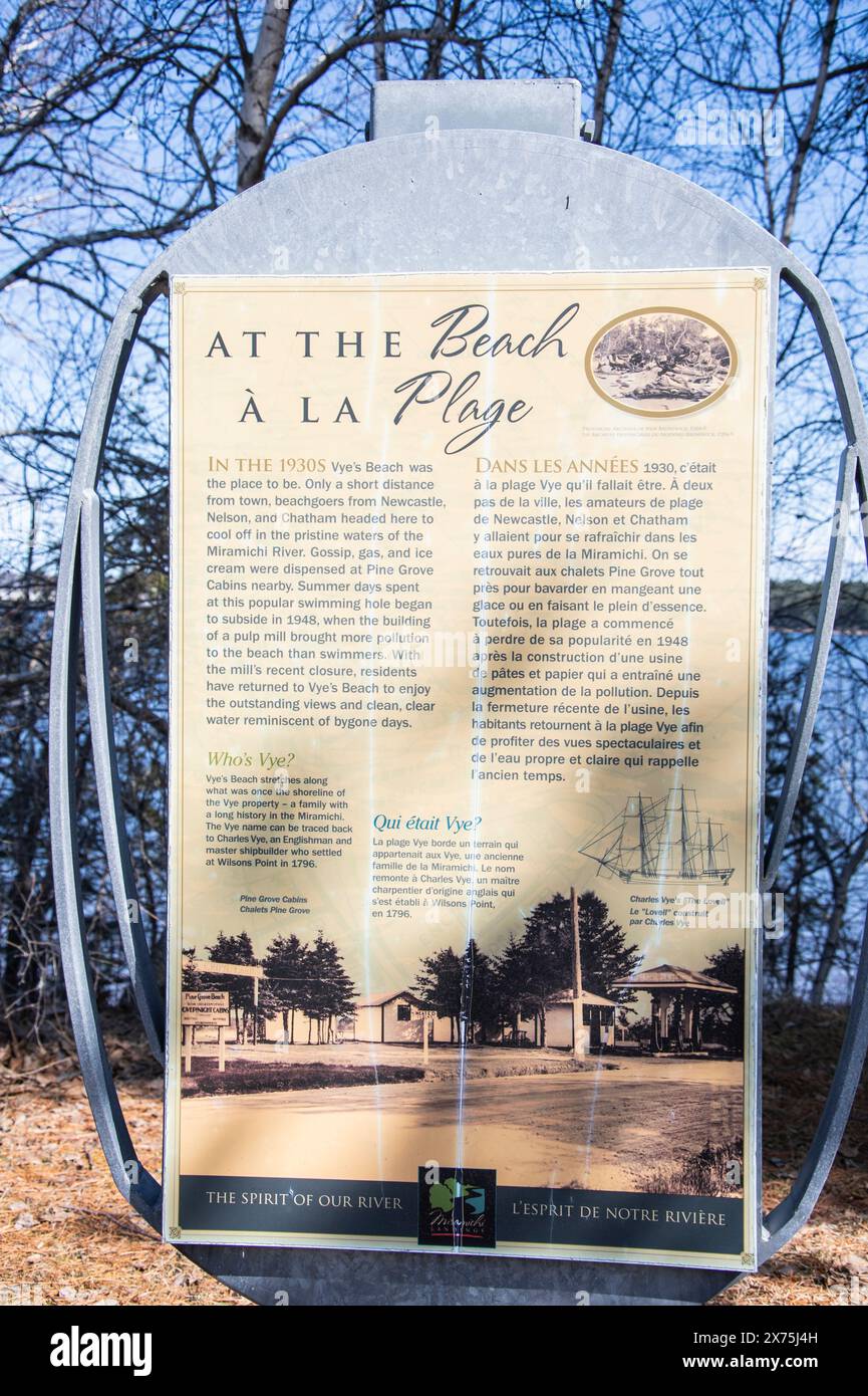 Breve storia dell'insegna di Vye's Beach a Miramichi, New Brunswick, Canada Foto Stock