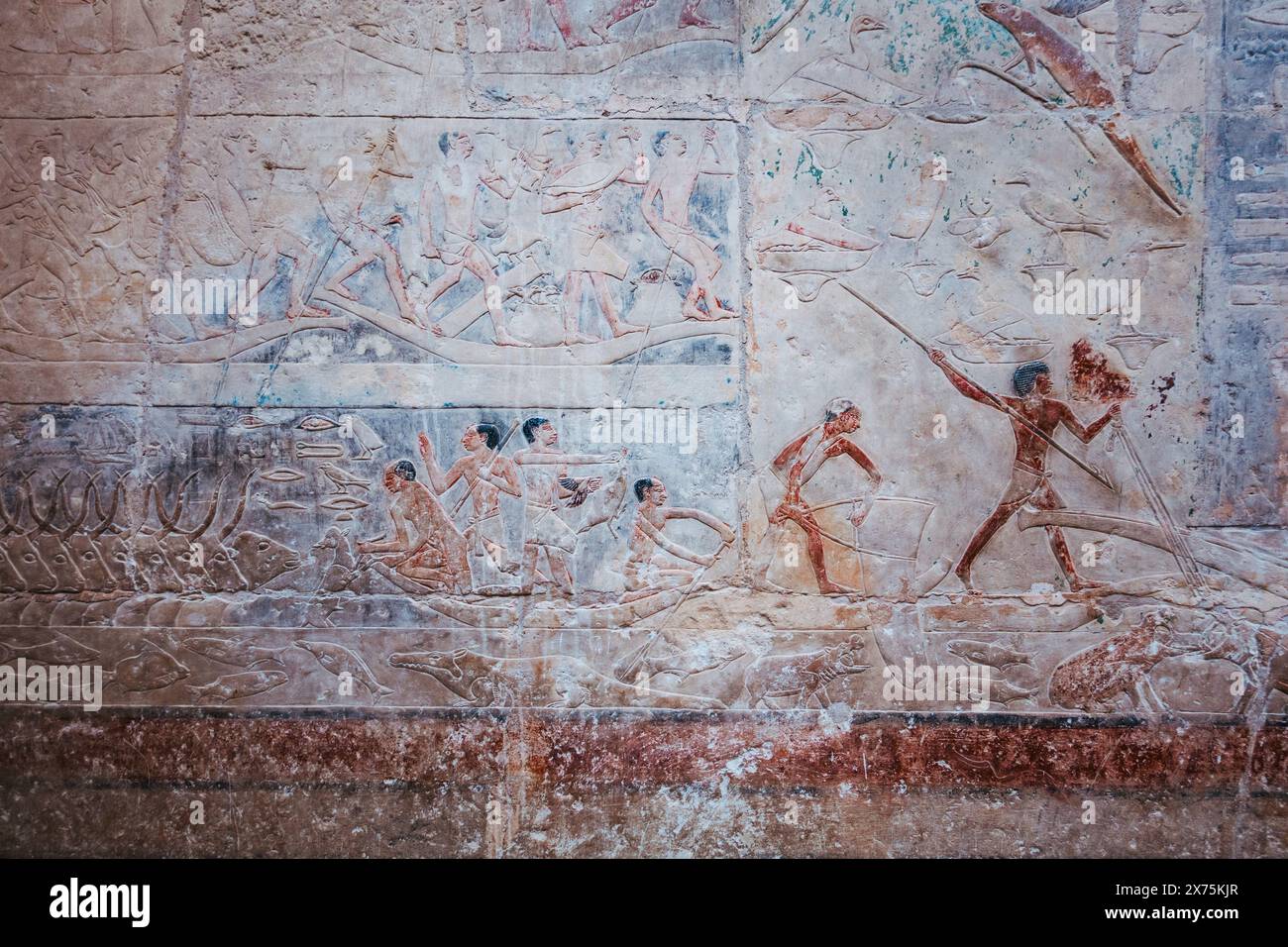 Vibrante sepoltura di Saqqara in rilievo dal Vecchio Regno che mostra la caccia e la pesca nelle paludi, con barche, reti, uccelli, pesci, e figure umane attive. Foto Stock