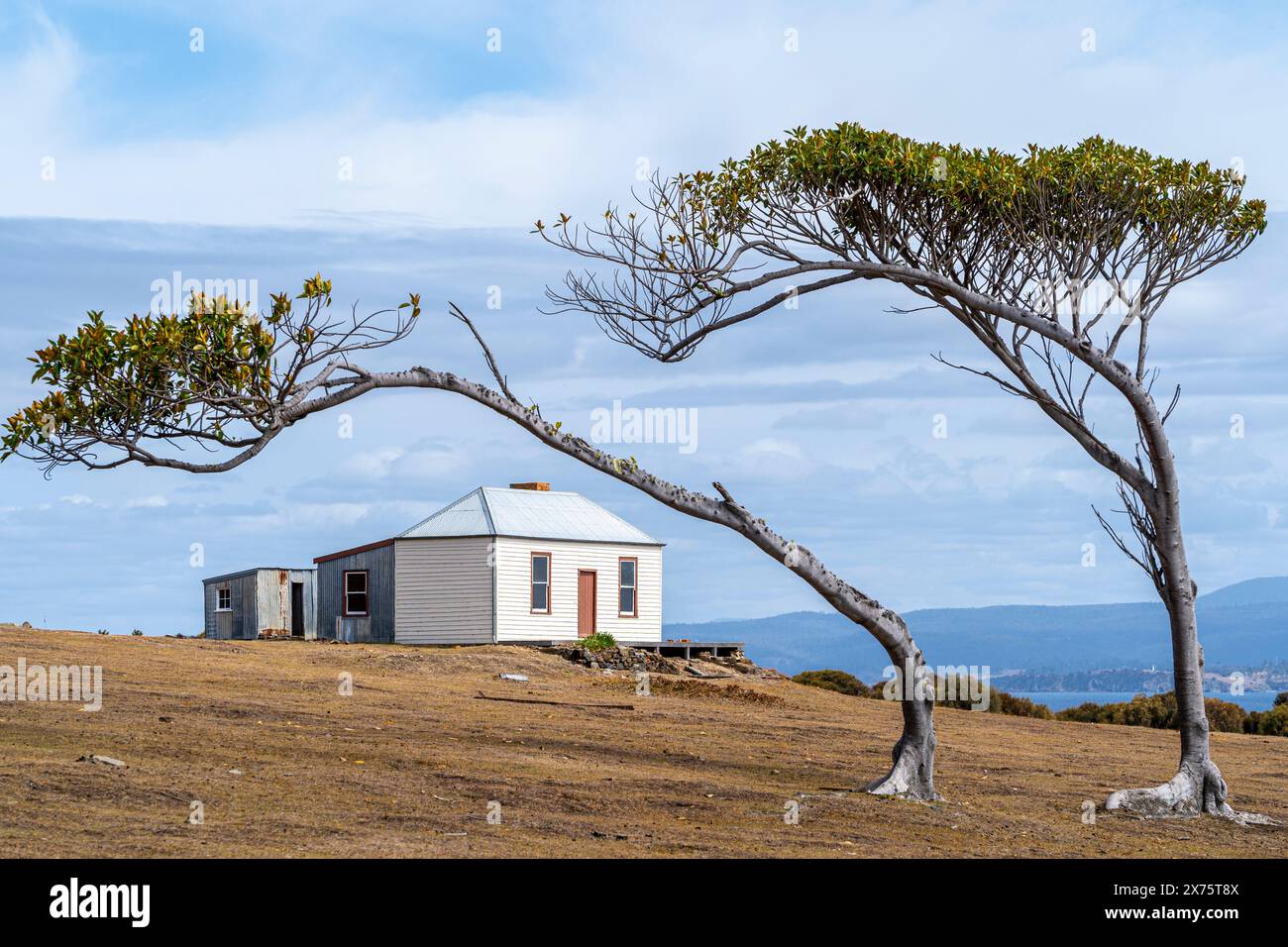 Ruby Hunt's Cottage in cima alla collina che si affaccia su Darlington, Maria Island Tasmania Foto Stock
