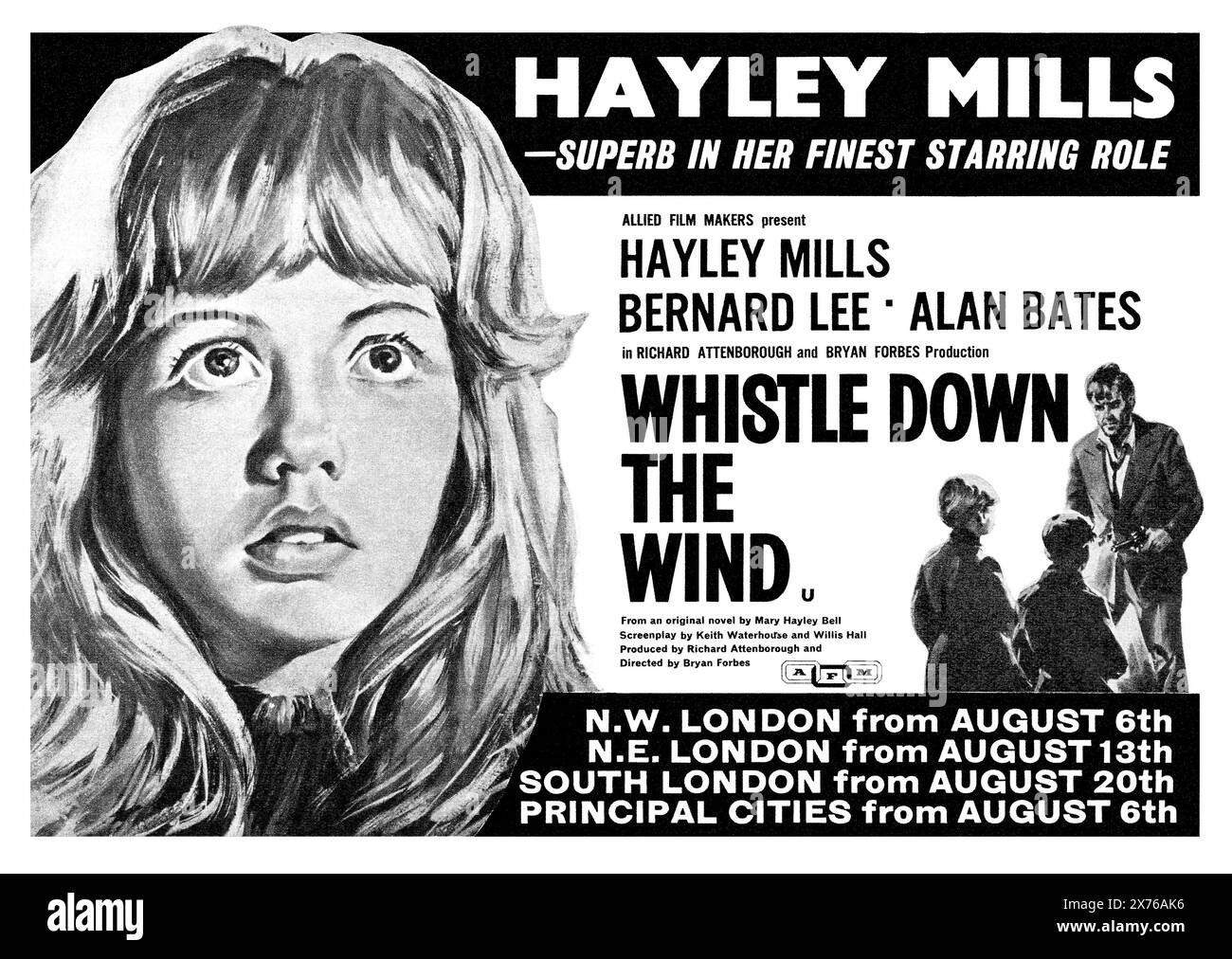 1961 pubblicità britannica per il film Whistle Down the Wind, con protagonisti Hayley Mills, Bernard Lee e Alan Bates, diretto da Bryan Forbes. Foto Stock