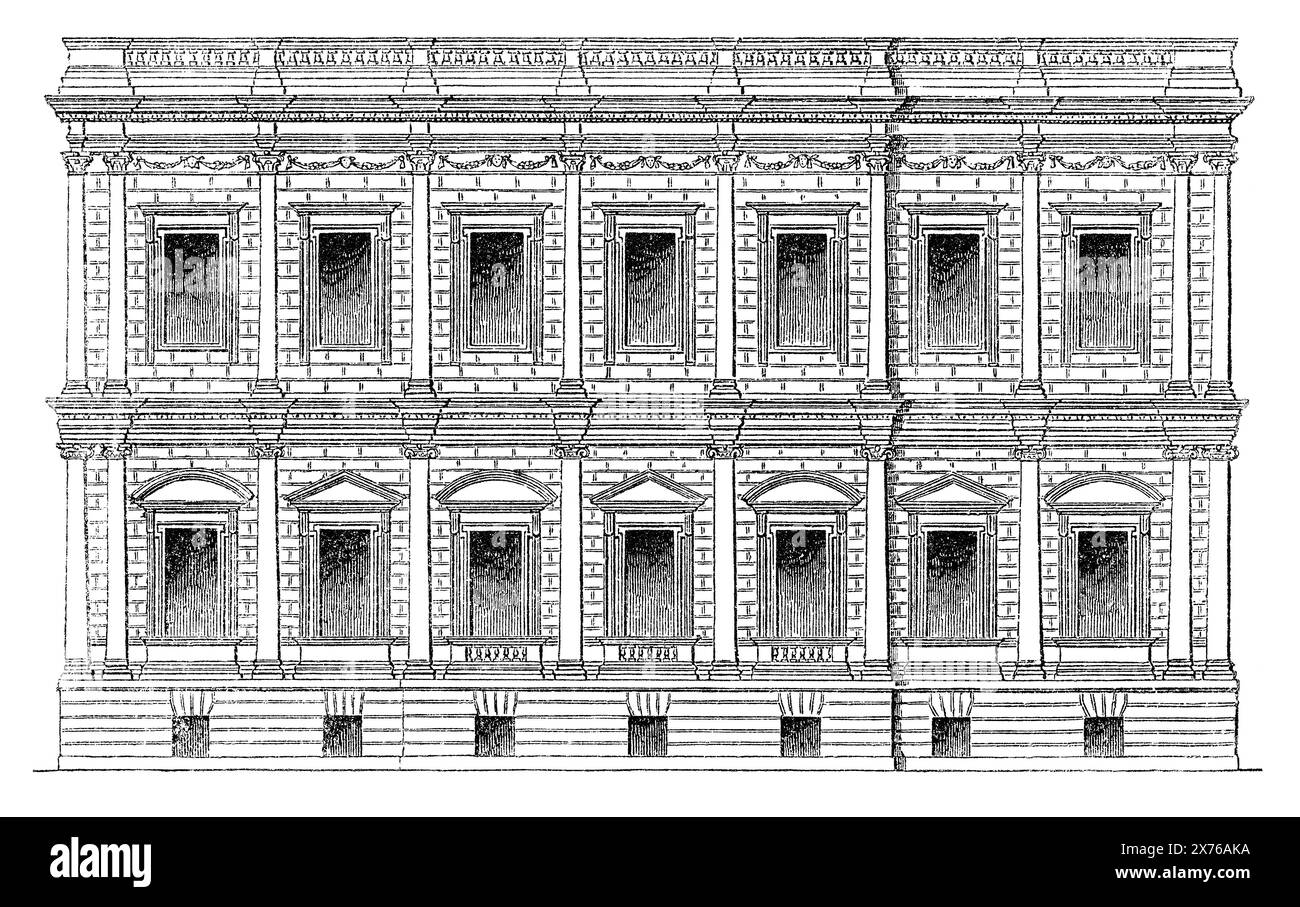 1854 incisione vintage di Banqueting House, Whitehall, Londra. Progettato da Inigo Jones. Foto Stock