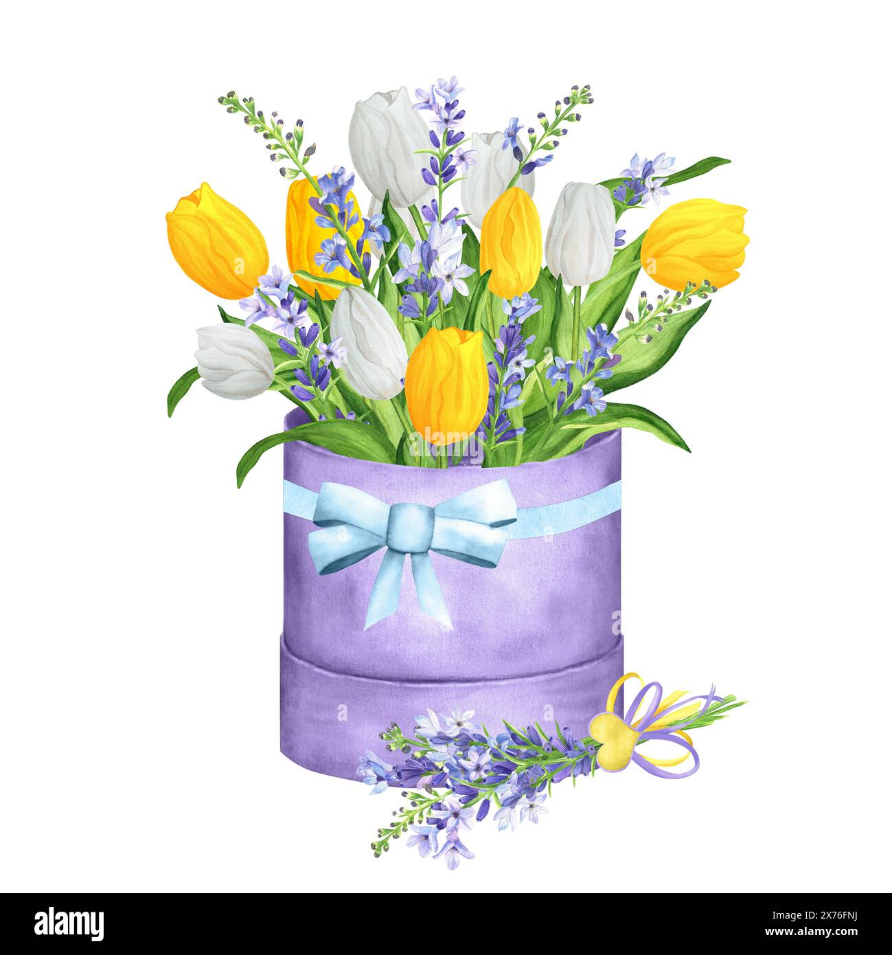 Illustrazione ad acquerello disegnata a mano. Bouquet di fiori con tulipani bianchi e gialli, lavanda e foglie verdi. Bouquet per le vacanze primaverili in confezione regalo e Foto Stock