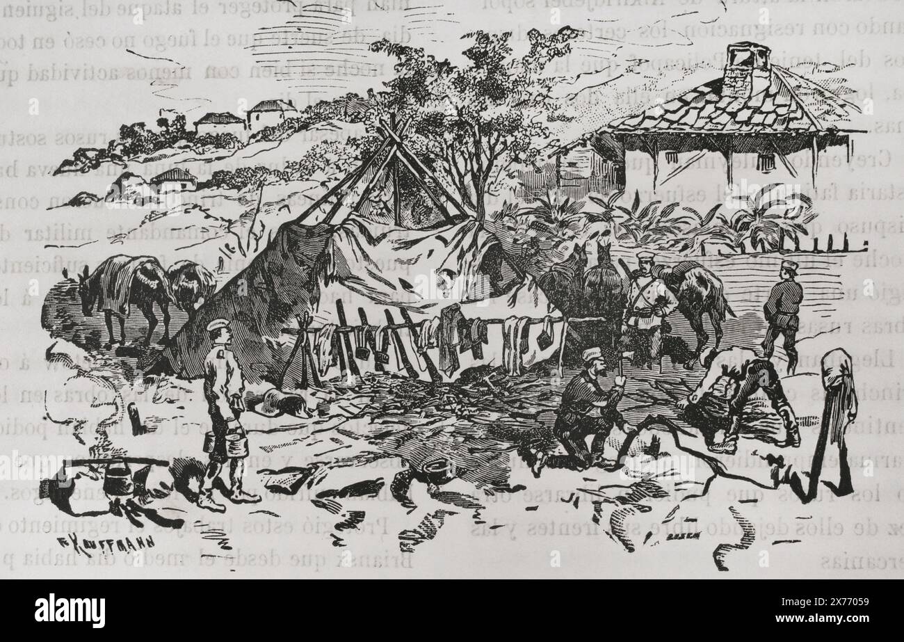 Guerra russo-turca (1877-1878). Postazione cosacca a Voinis. Incisione di Kauffmann. "La Guerra de Oriente" (la guerra russo-turca). Volume II 1877. Foto Stock