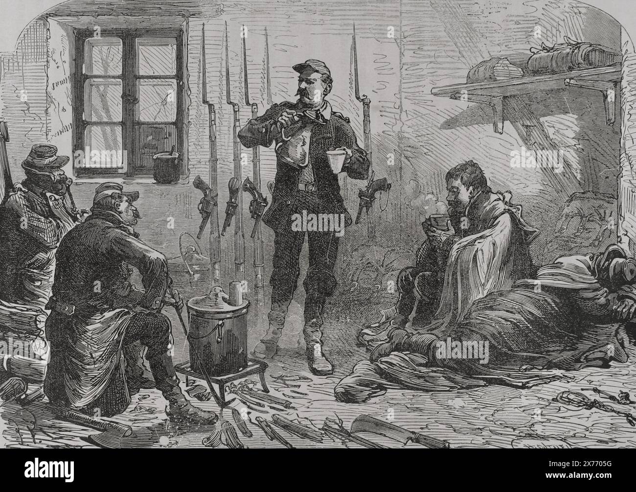 Guerra russo-turca (1877-1878). Un corpo di guardie russe. Incisione. "La Guerra de Oriente" (la guerra russo-turca). Volume II 1877. Foto Stock