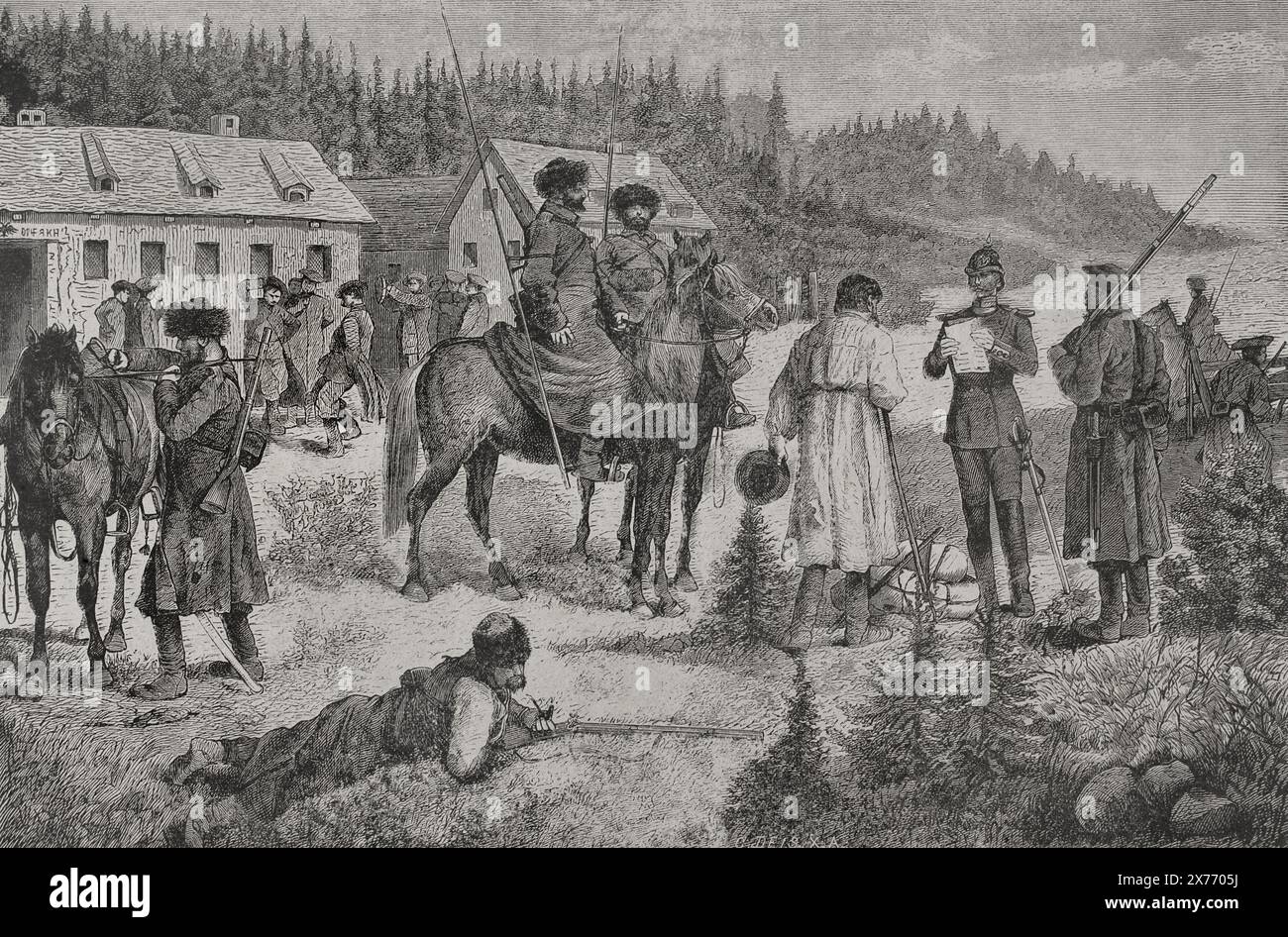 Guerra russo-turca (1877-1878). Postazione truppe russe. Incisione. "La Guerra de Oriente" (la guerra russo-turca). Volume II 1877. Foto Stock