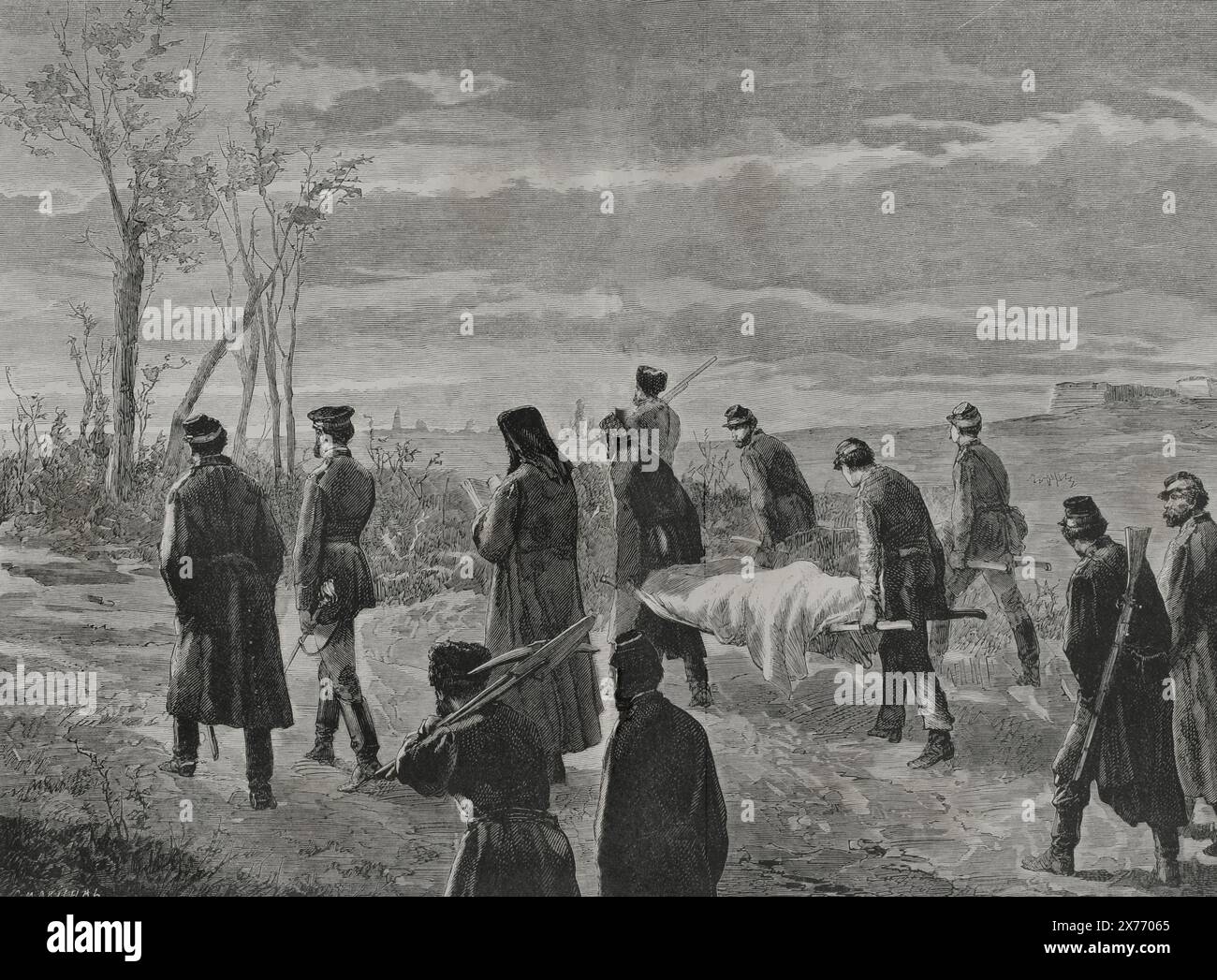 Guerra russo-turca (1877-1878). Assedio di Plevna (dal 20 luglio al 10 dicembre 1877). Combattimenti che ebbero luogo tra l'esercito congiunto di Russia e il Regno di Romania contro quello dell'Impero ottomano. Sepoltura di due soldati nel campo russo di fronte a Plevna. "La Guerra de Oriente" (la guerra russo-turca). Volume II 1877. Foto Stock