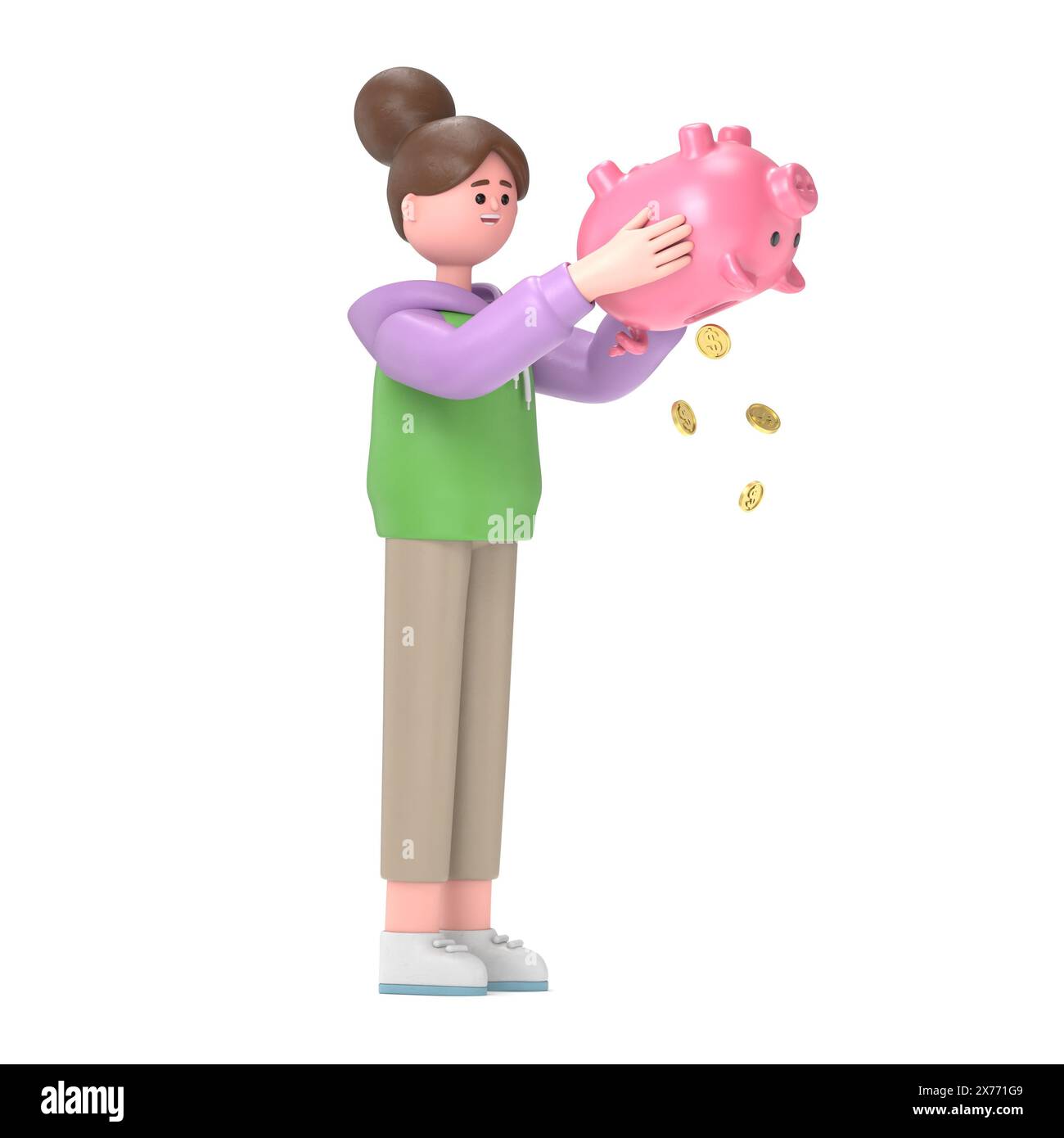 Illustrazione in 3D della ragazza asiatica Renae con salvadanaio. Concetto di crisi finanziaria, illustrazione 3D in stile cartoon.rendering 3D su backgroun bianco Foto Stock
