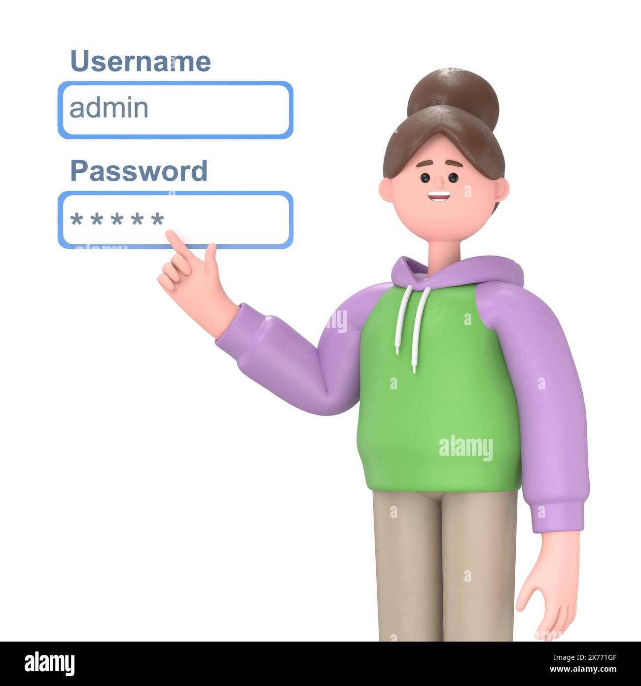 Illustrazione 3D della ragazza asiatica Renae admin network ENGINEER che spinge la casella di accesso dei campi nome utente e password.rendering 3D su sfondo bianco Foto Stock