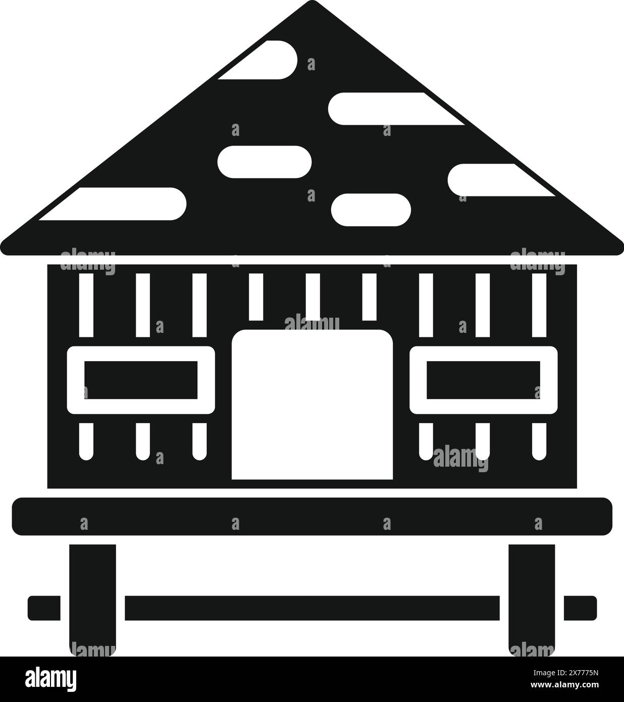 Illustrazione vettoriale minimalista in bianco e nero tradizionale cabina alpina con opere d'arte scalabili per una sistemazione eco-abitabile nella natura selvaggia delle montagne svizzere Illustrazione Vettoriale