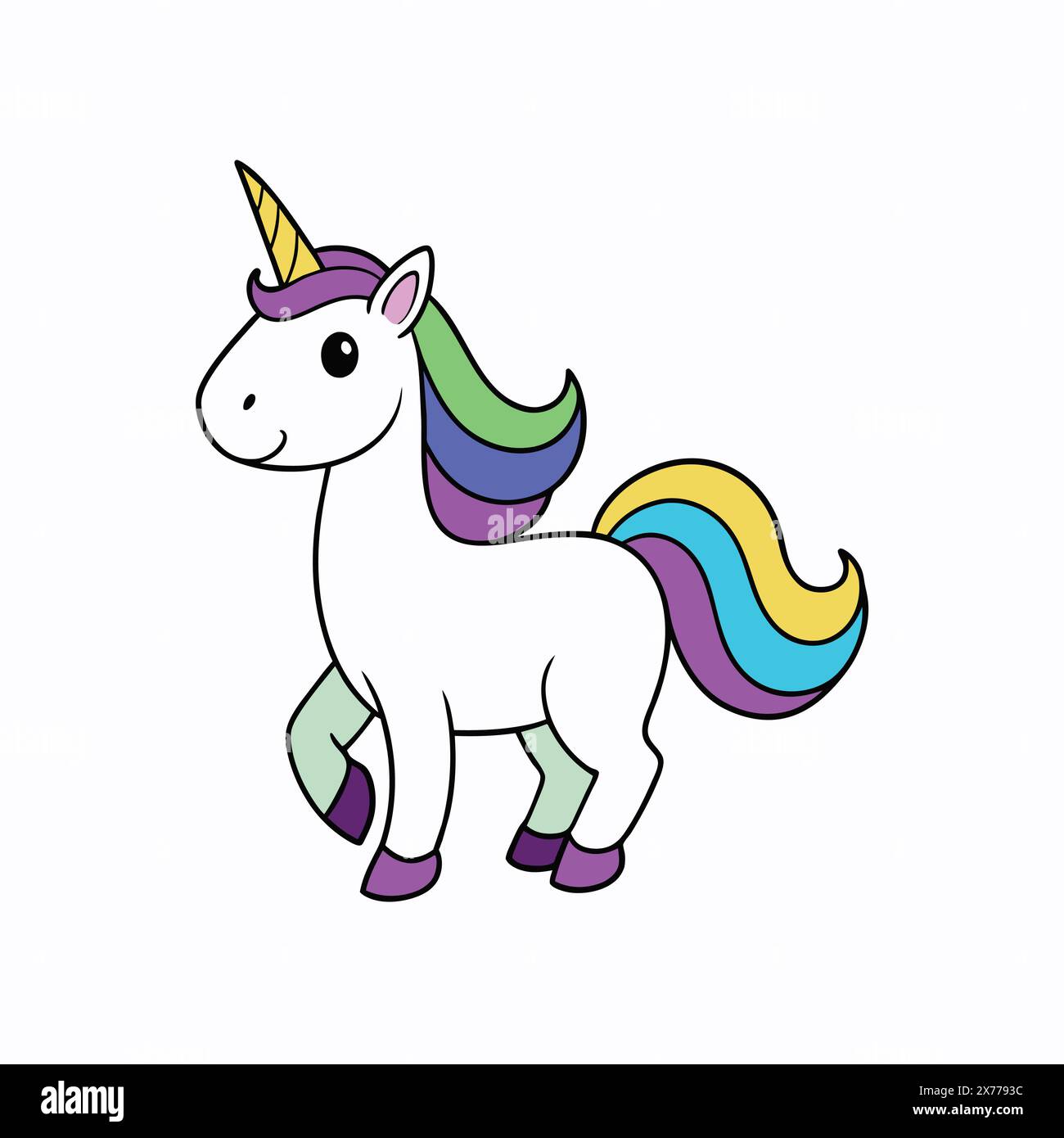 Un unicorno cartoni animati con criniera arcobaleno e coda, un corno dorato, piedi e zoccoli viola. Illustrazione Vettoriale