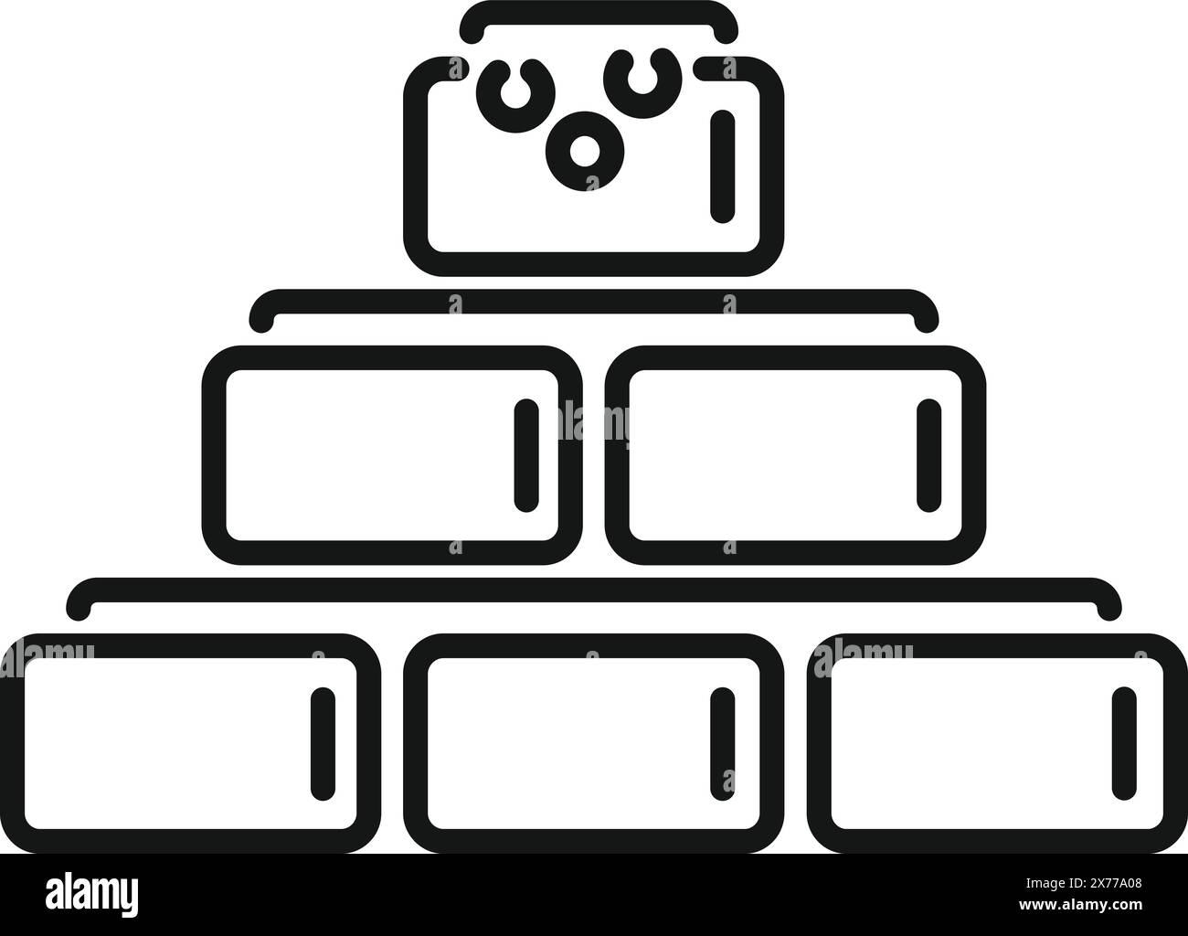Illustrazione line art di un salvadanaio sorridente in cima a tre file di blocchi, che simboleggia la crescita finanziaria e il risparmio Illustrazione Vettoriale