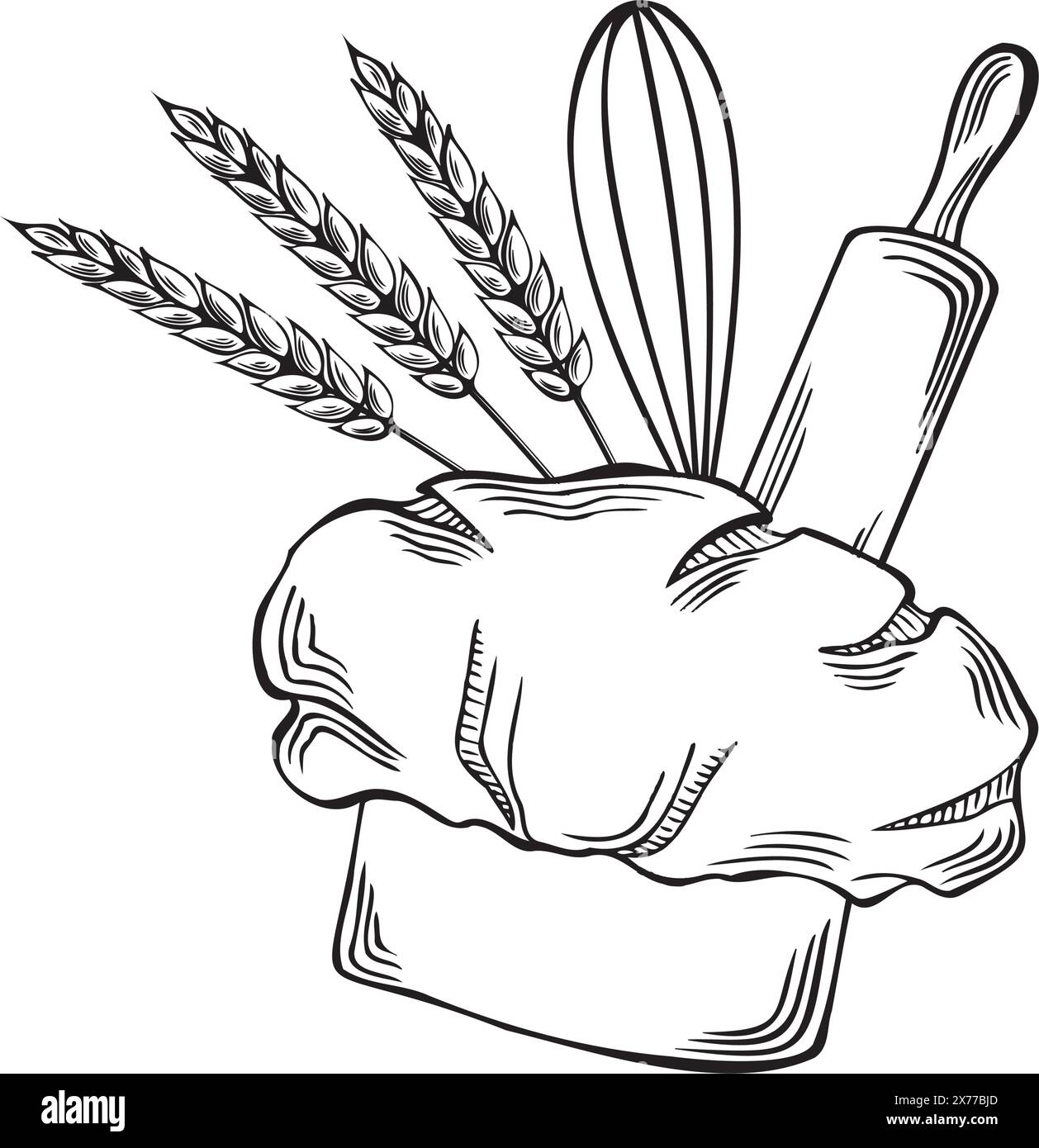 Cappelli da chef, utensili da forno e orecchie di grano. Copricapo uniforme professionale. Illustrazione vettoriale lineare, isolata. Utensili da cucina per lavori di cottura modello per Illustrazione Vettoriale