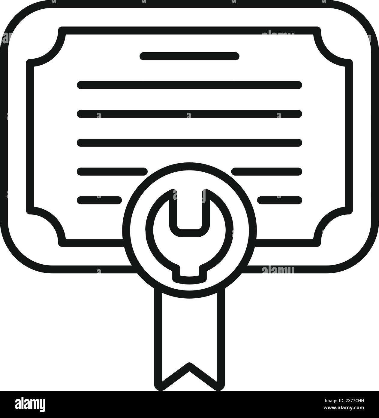 Illustrazione line art di un badge di certificazione per tecnici qualificati con il simbolo di una chiave inglese Illustrazione Vettoriale