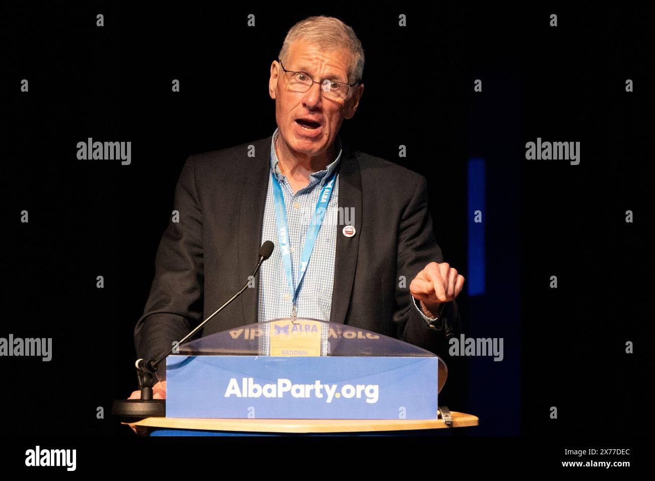 Lochgelly, Scozia, Regno Unito. 18 maggio 2024. Conferenza della campagna primaverile del Partito Alba tenutasi al Lochgelly Centre di Lochgelly, Fife. PIC; discorso di Kenny MacAskill MP incentrato sul salvataggio della raffineria di Grangemouth. Iain Masterton/Alamy Live News Foto Stock