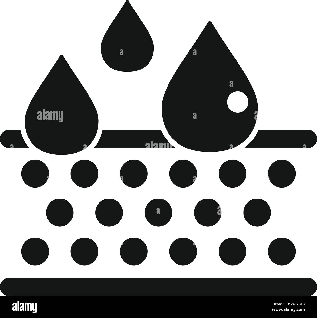 Semplice icona in bianco e nero di gocce d'acqua su un sistema di filtrazione, che rappresenta la purificazione dell'acqua Illustrazione Vettoriale