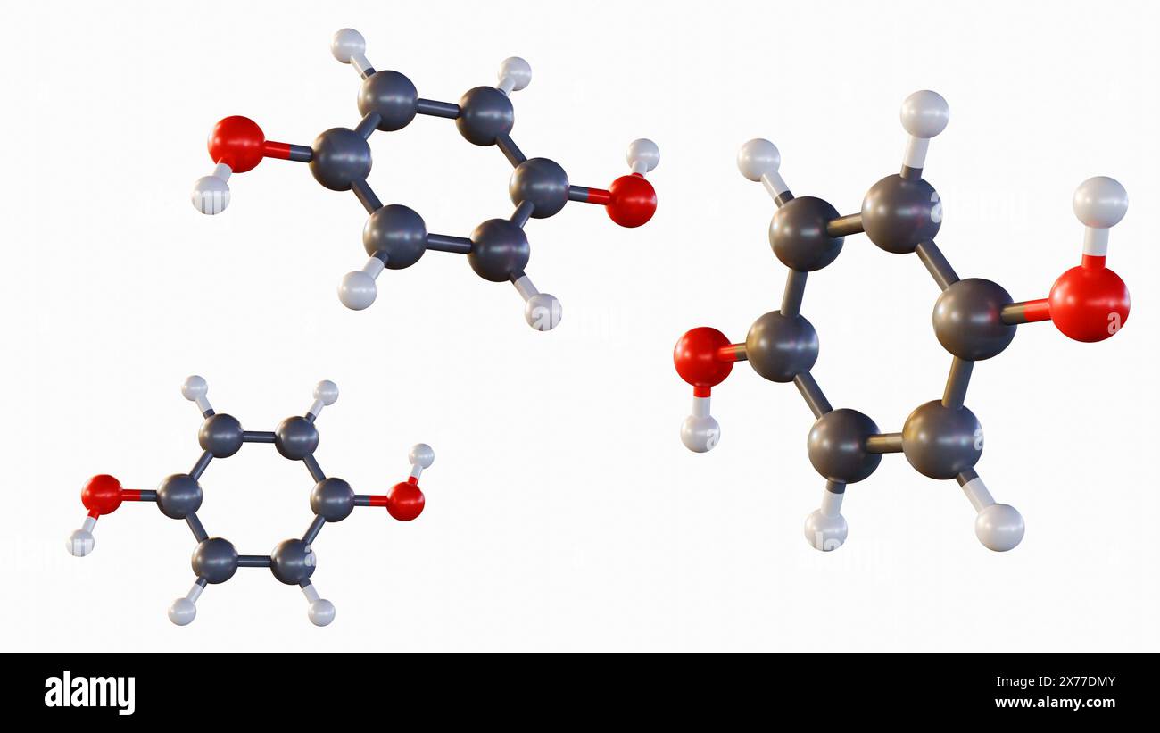 La rappresentazione 3d dell'idrochinone o HQ è anche nota come inibitore della sintesi della melanina e ha proprietà antiossidanti Foto Stock