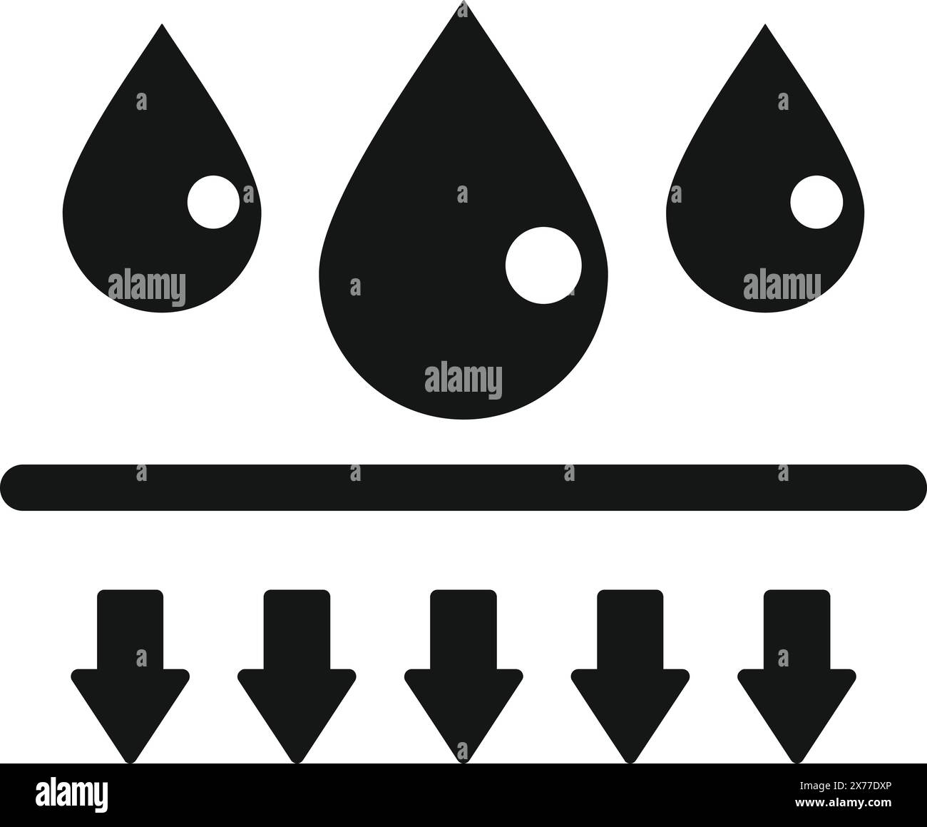 Icona nera che illustra le gocce d'acqua e le frecce di resistenza, che simboleggiano il materiale impermeabile o idrorepellente Illustrazione Vettoriale