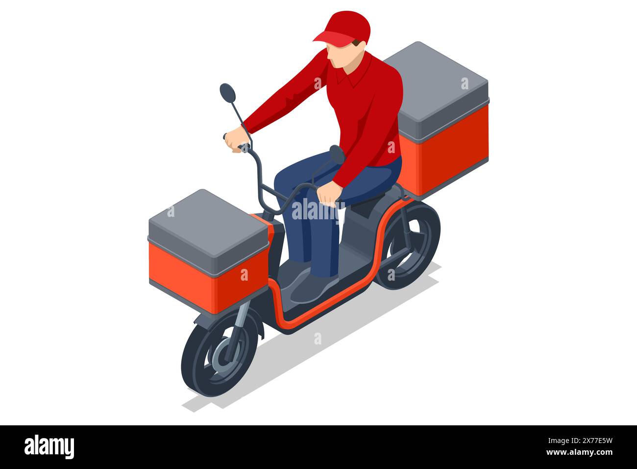 Isometric Red Delivery Motorcycle, Delivery man in sella a uno scooter rosso . Scooter per la consegna di alimenti e bevande. Moto realistica con borsa, ideale Illustrazione Vettoriale