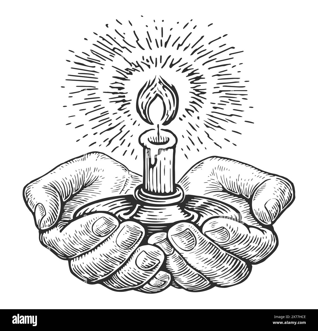 Mani che tengono la candela accesa nel supporto. A lume di candela, candelabro. Schizzo di illustrazione vettoriale disegnato a mano Illustrazione Vettoriale