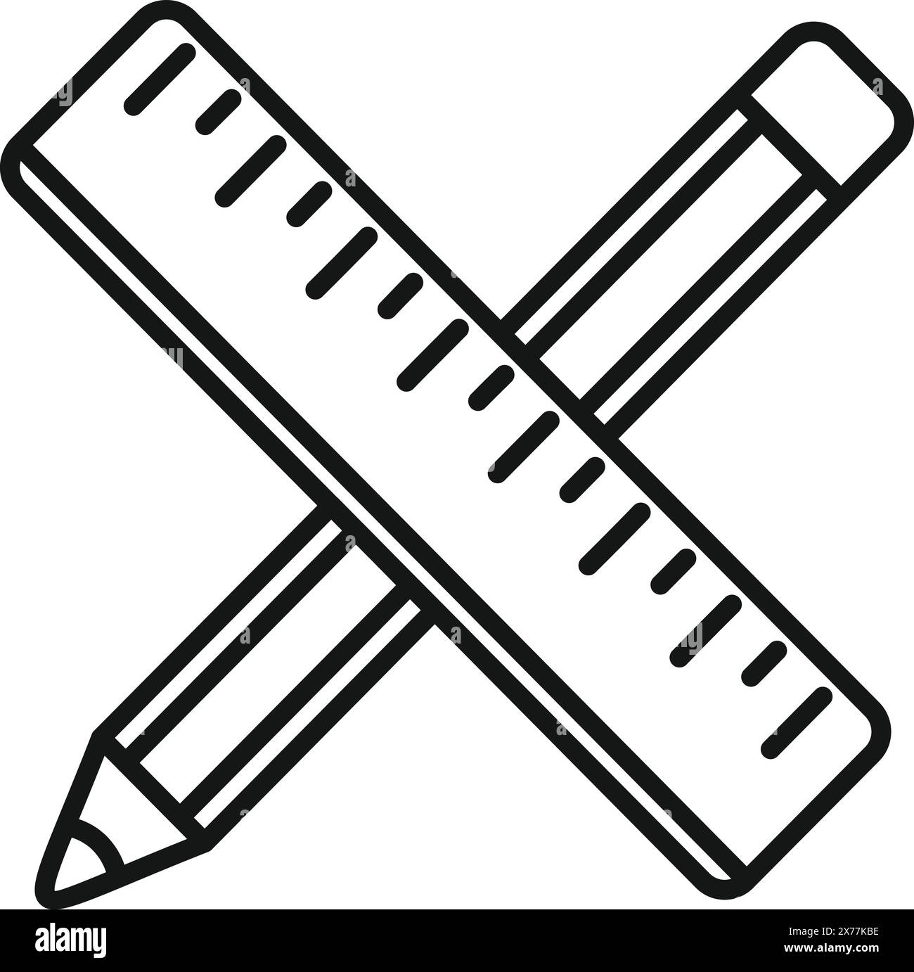 Illustrazione a linee bianche e nere di una matita e di un righello incrociati a forma di x. Illustrazione Vettoriale