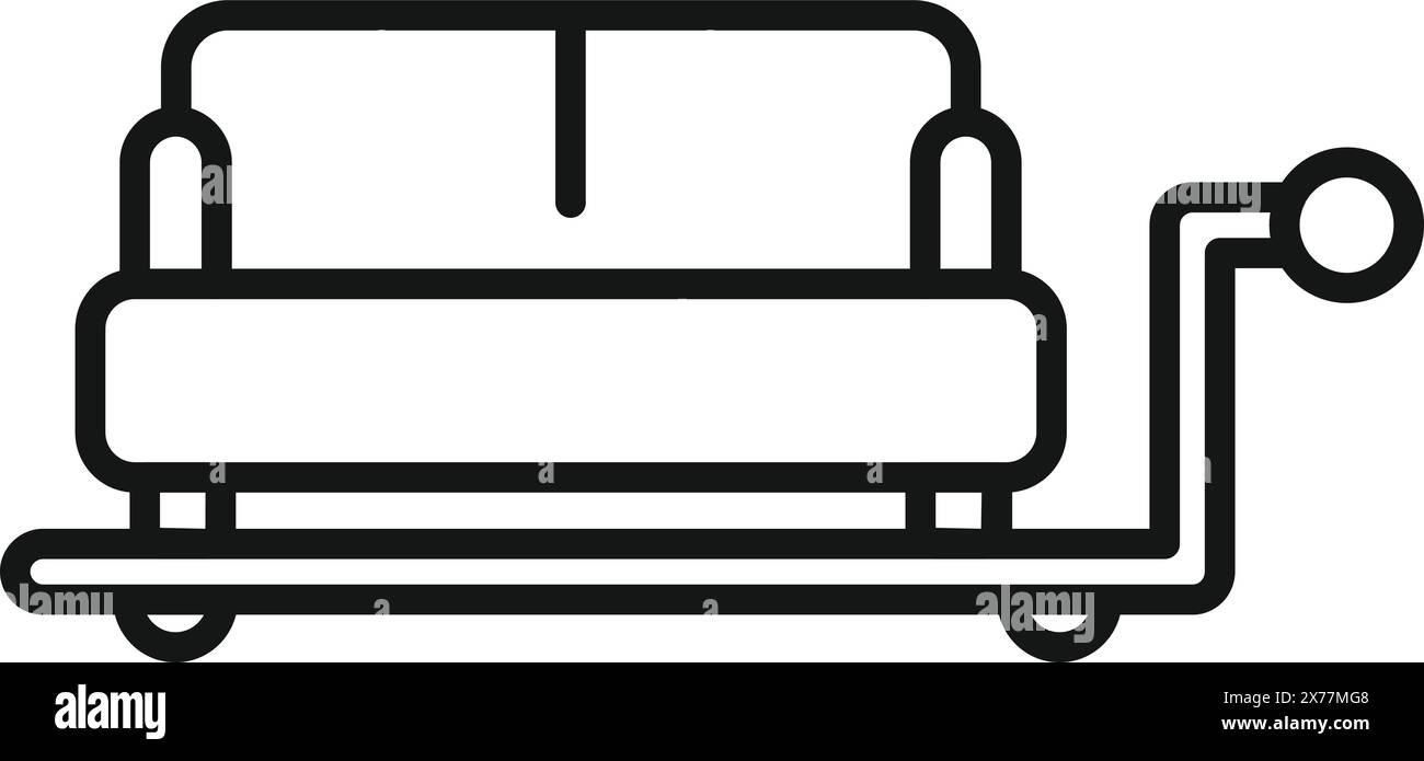 Icona con linea nera semplificata raffigurante un divano con ruote, adatto per mobili e mobili Illustrazione Vettoriale