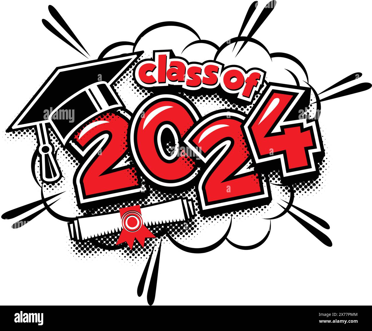titolo per laureati in classe 2024. Decora le congratulazioni per i laureati in stile fumetto. Vettore su sfondo trasparente Illustrazione Vettoriale