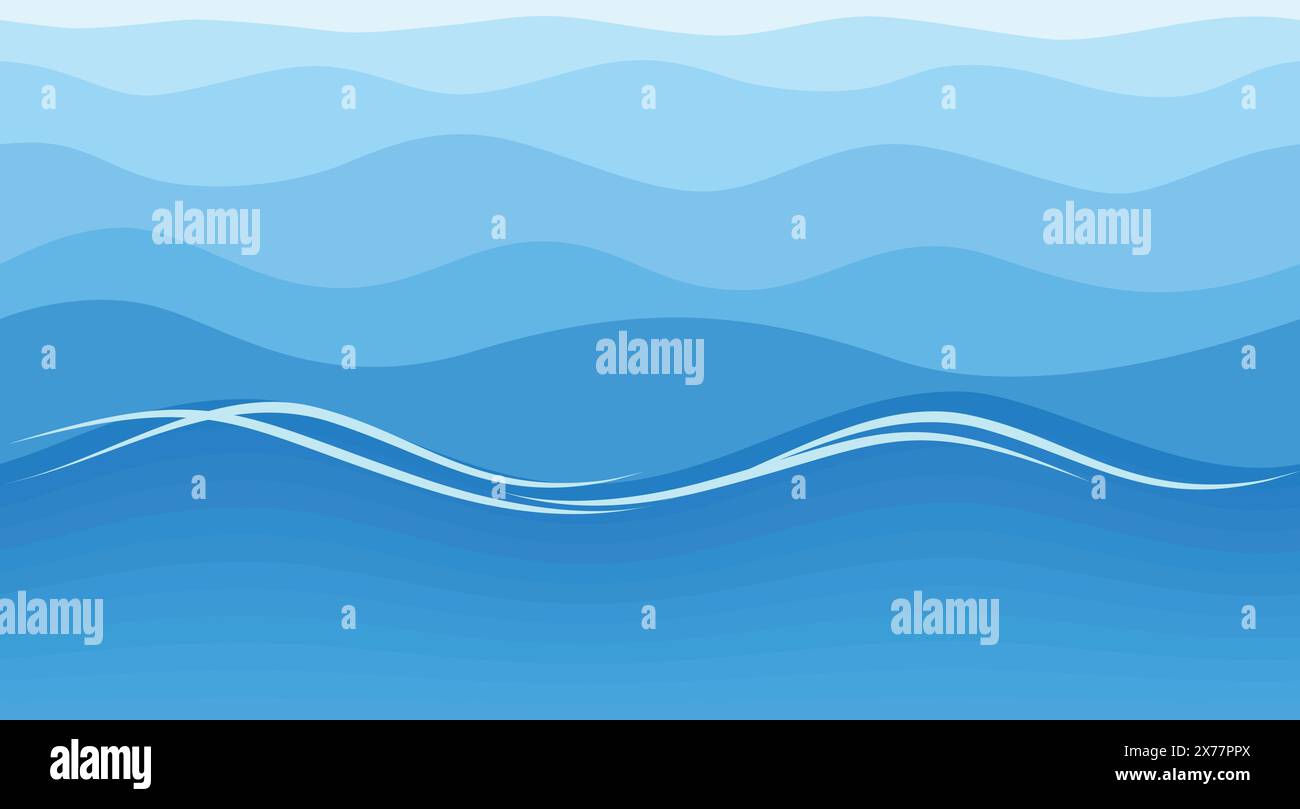 Le acque blu del mare ondeggiano all'orizzonte. Sezione trasversale di fondo oceanico o sottomarino. Senza cuciture vettoriali su un livello trasparente Illustrazione Vettoriale