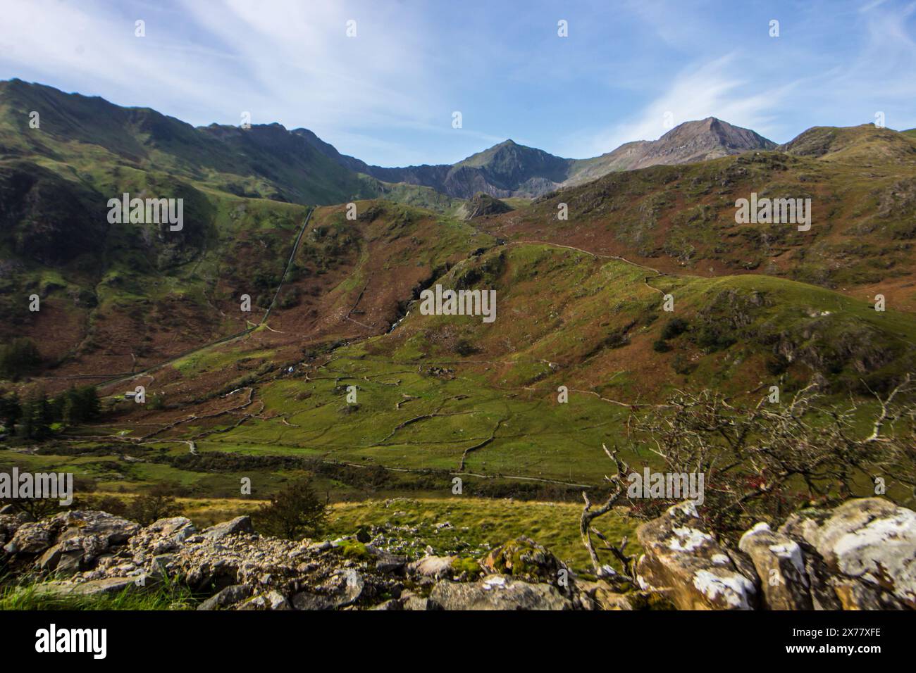 Vista sulle montagne del Parco Nazionale degli Erri, con una valle piena di confini medievali dell'agricoltura in primo piano Foto Stock